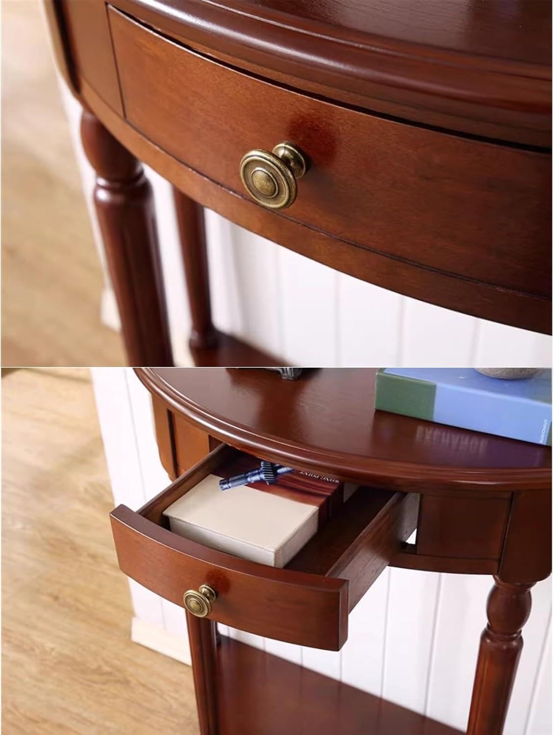 Massivholz Konsolentisch mit Schubladen & Ablage, 2-stöckiger Halbrund-Eingangstisch, Eleganter Vintage Sofatisch für Wohnzimmermöbel
