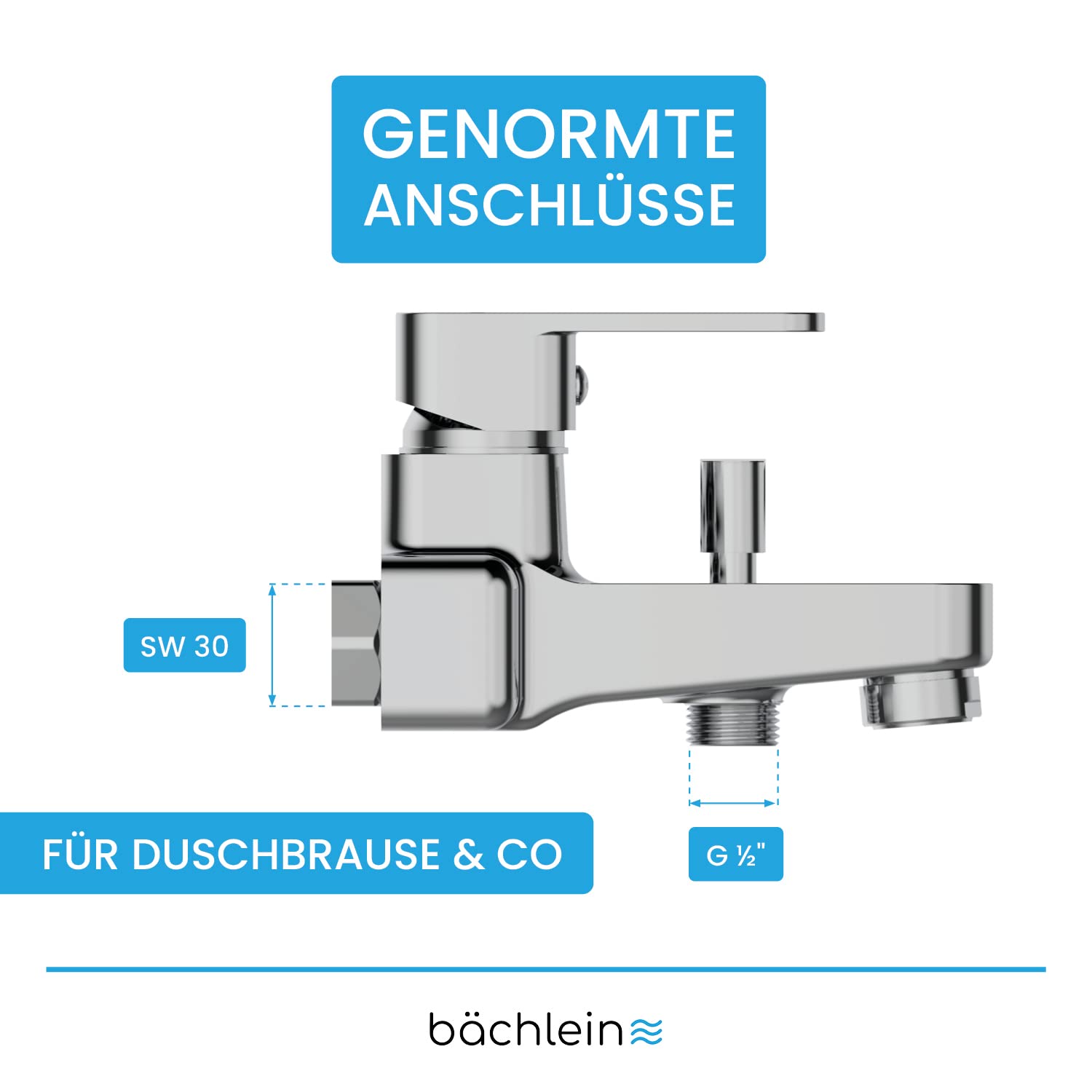 Bächlein Universal Badewannenarmatur Junias in Kantigem Design – Wannenbatterie Komplettset inkl. allem Zubehör – Einhand-Wasserhahn für die Badewanne Chrom – eckig