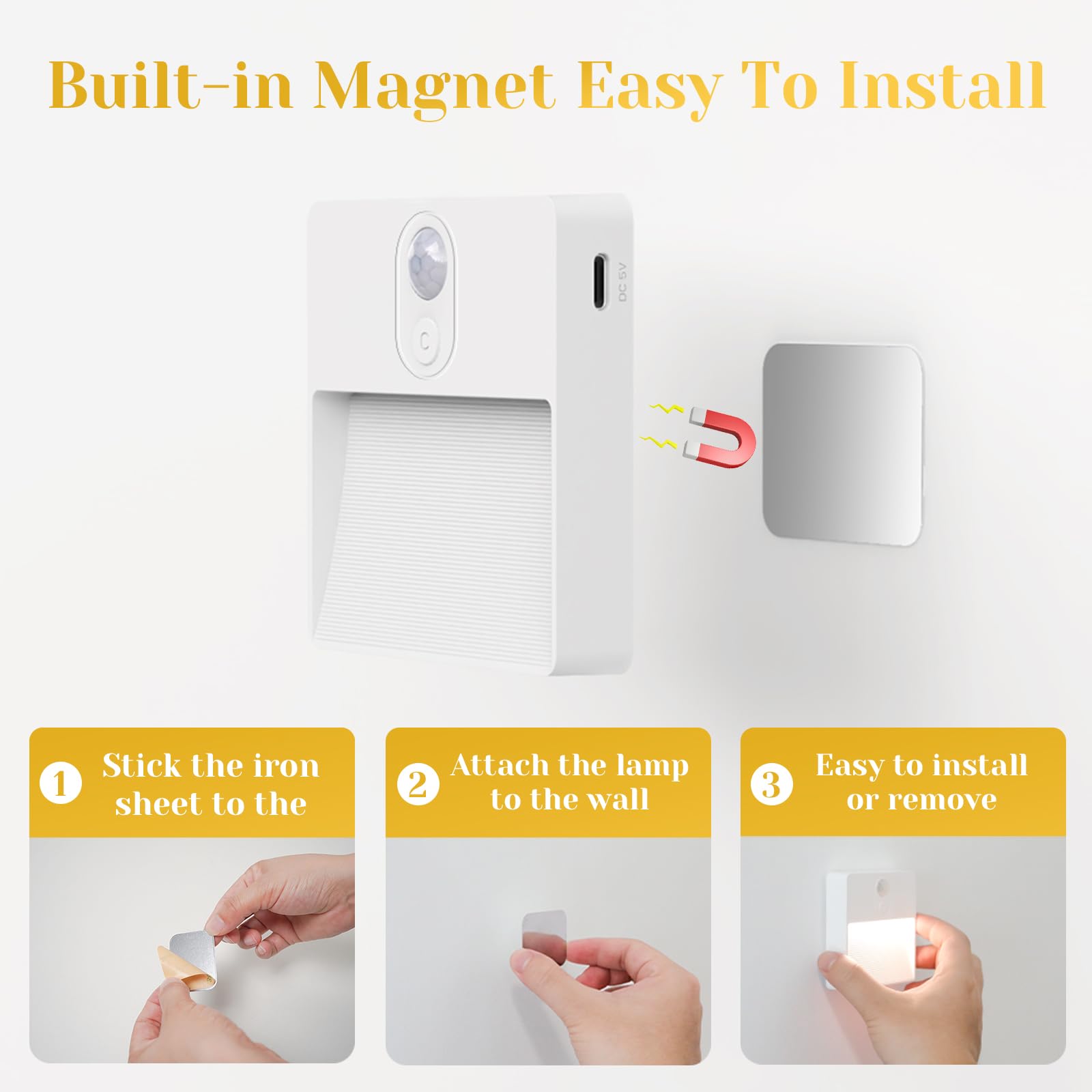 Luce notturna LED con sensore di movimento per interni, ricaricabile tramite USB, 3 modalità (AUTO/SPENTO/ACCESO), luce RGB per corridoio, scale, camera da letto, stanza dei bambini (1 pezzo)