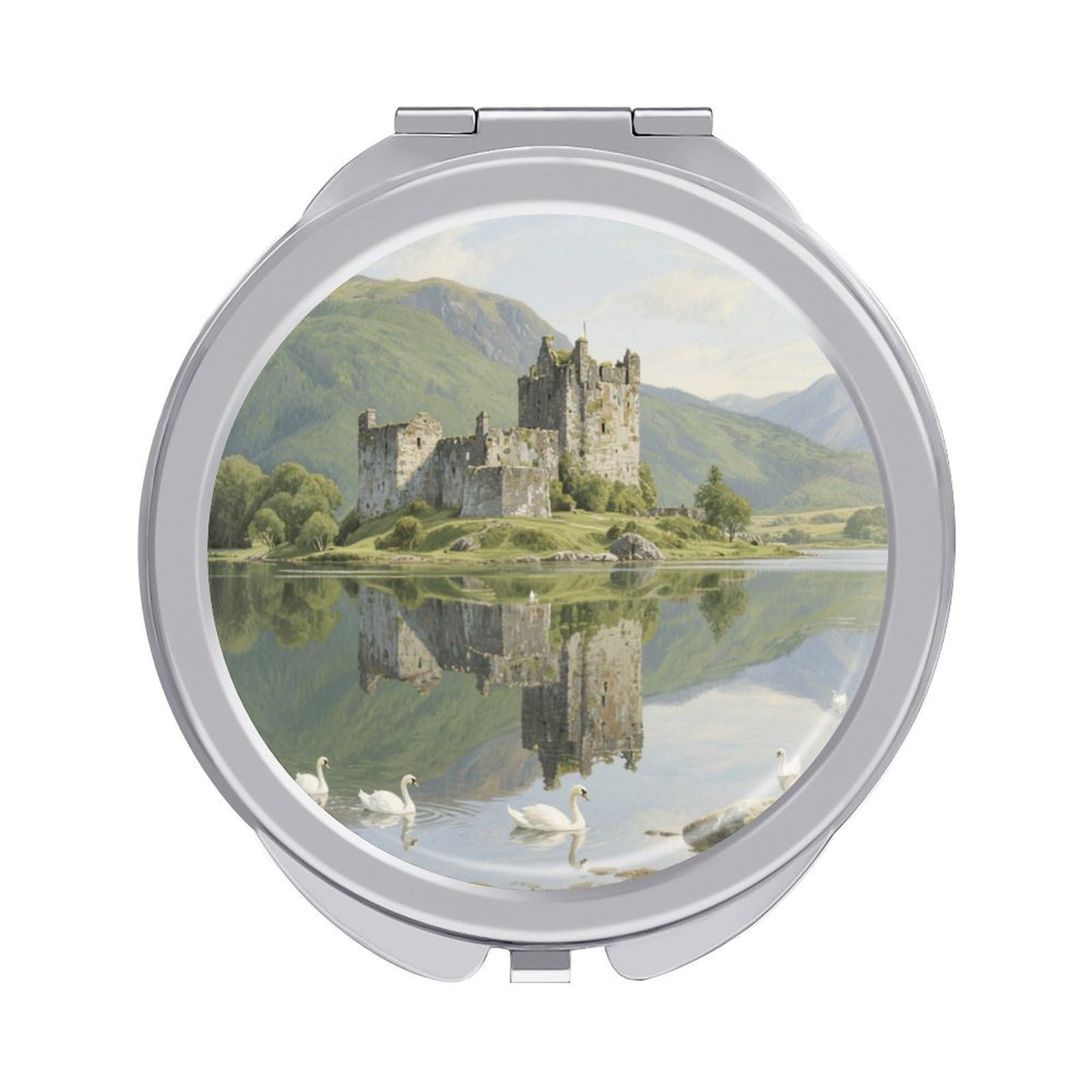 Fekiloot Style Highland Lakes And Castles Travel Makeup Mirror Handheld Compact Mirror Portable Pocket Mirror Double-Sided 1X/2X Magnifying For Handbag And Purses