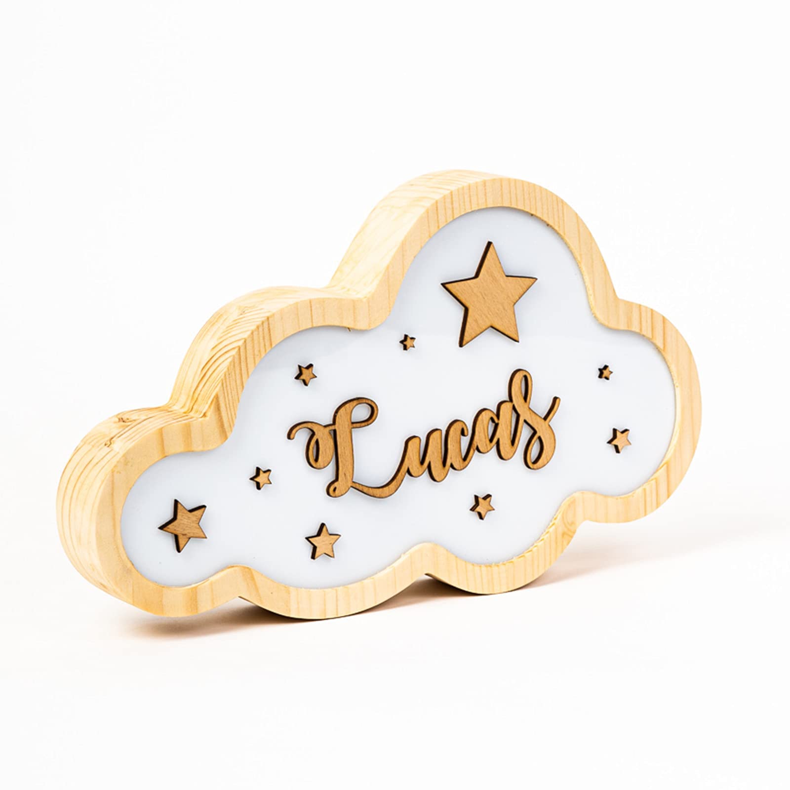 [ PINE & KIDS ] Lámpara nube infantil personalizada con fondo de estrellas. Lámpara quitamiedos con nombre en madera para niños y bebés. Incluye adaptador de corriente.