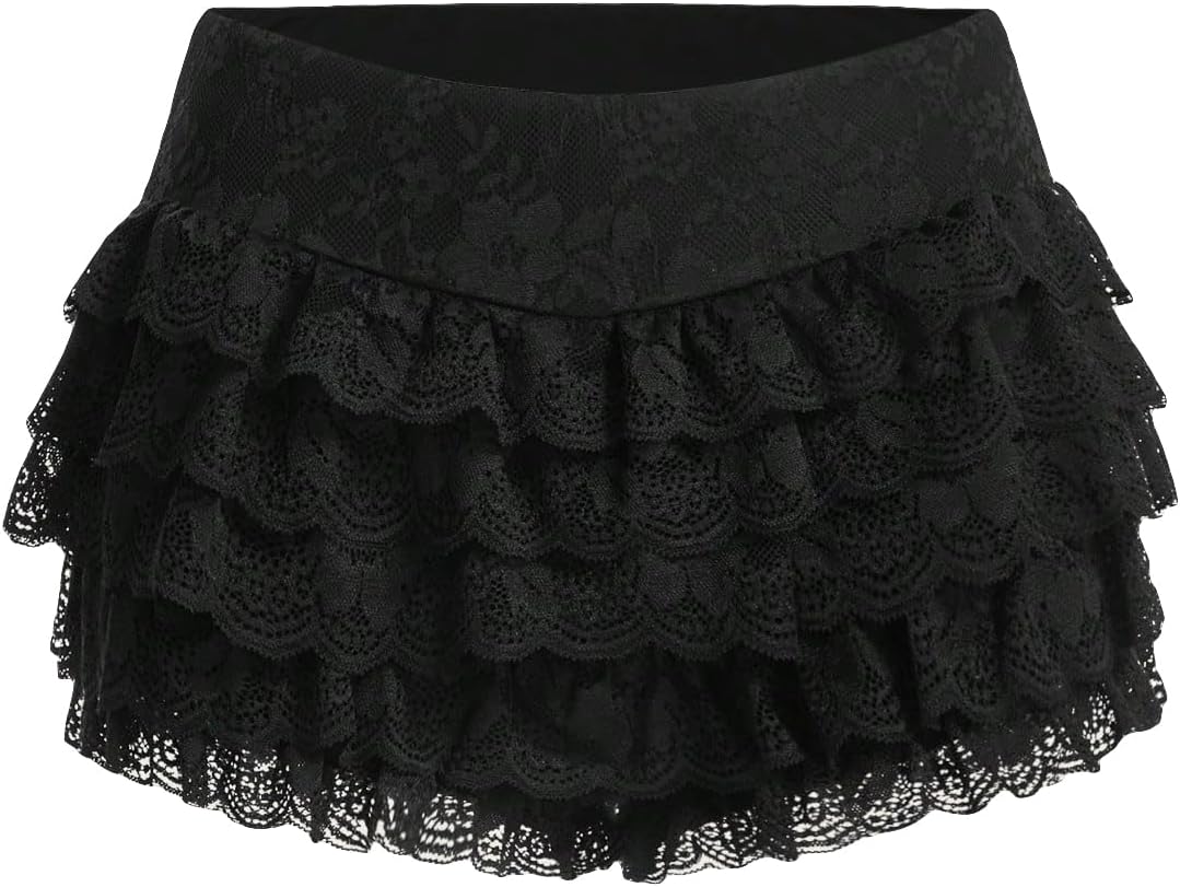 Verdusa Women's Y2K Lace Ruffle Shorts Tiered Layered Bloomers Elastic Low Waist Micro Shorts
