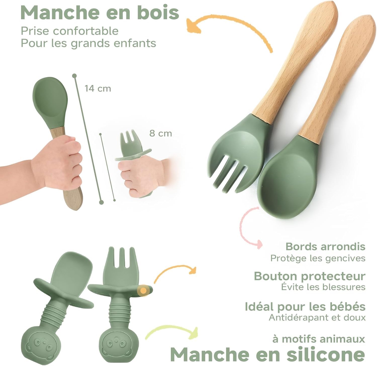 Set Pappa Svezzamento, 8 Pezzi, Piatto Svezzamento Ventosa Ciotola, Bavaglino Silicone, Cucchiaino Forchetta Neonato, Piatti per Bambini, Posate Bambini, Svezzamento Neonati, Verde