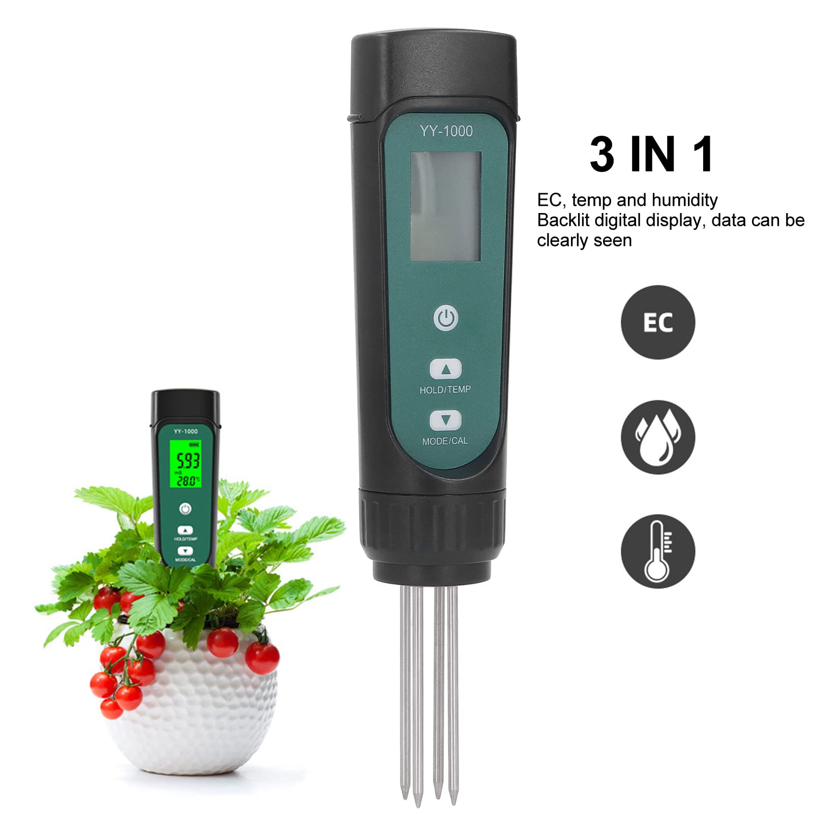 Probador de Suelo 3 en 1, medidor de Humedad y Temperatura EC con LED | El medidor de jardín digital retroiluminado mide la CE del suelo, la temperatura y la humedad
