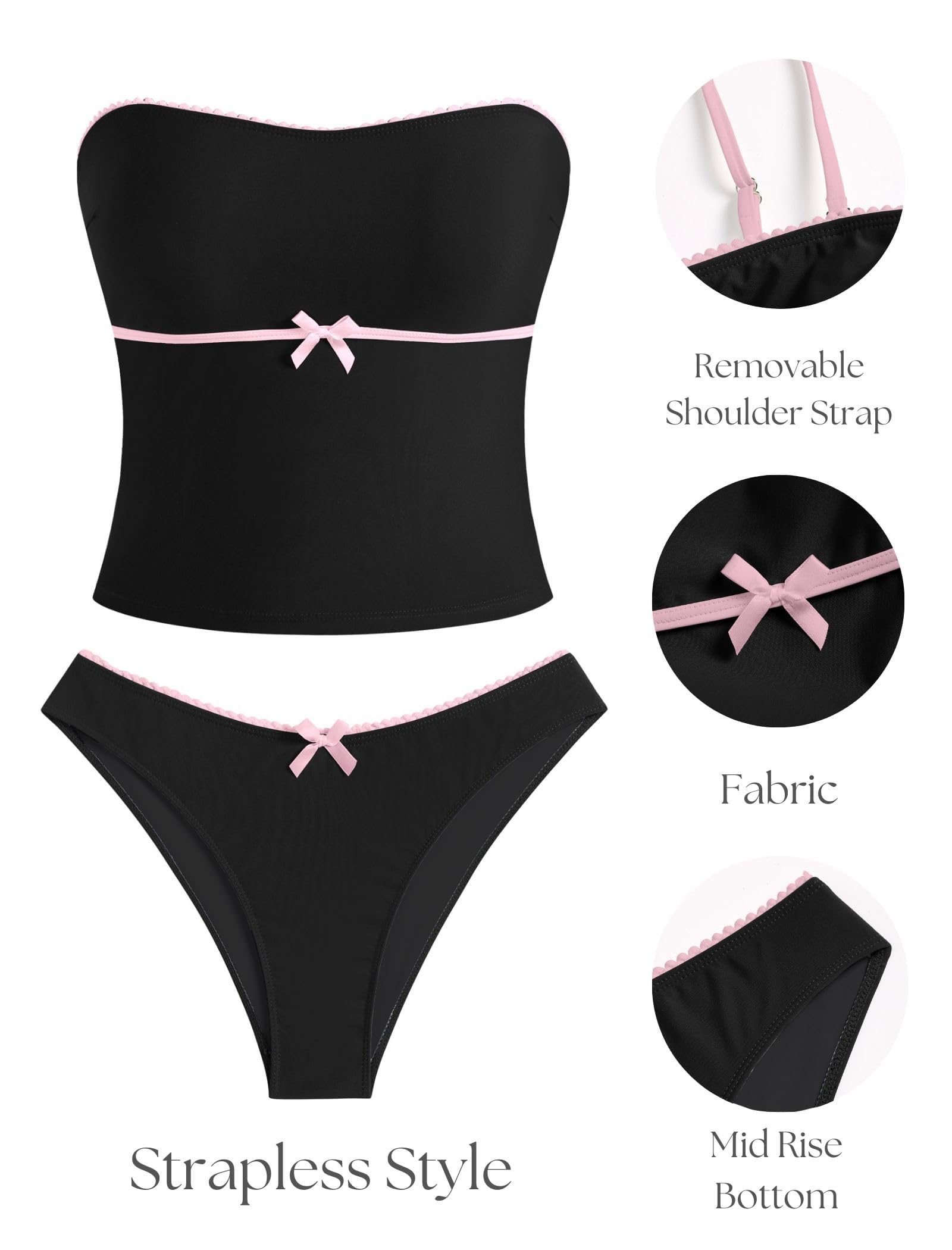 ZAFUL Damen Tankini Set Bauchweg mit Cute Bow Spaghettiträger High Leg Cut Zweiteiler Bikini Badeanzug Bademode