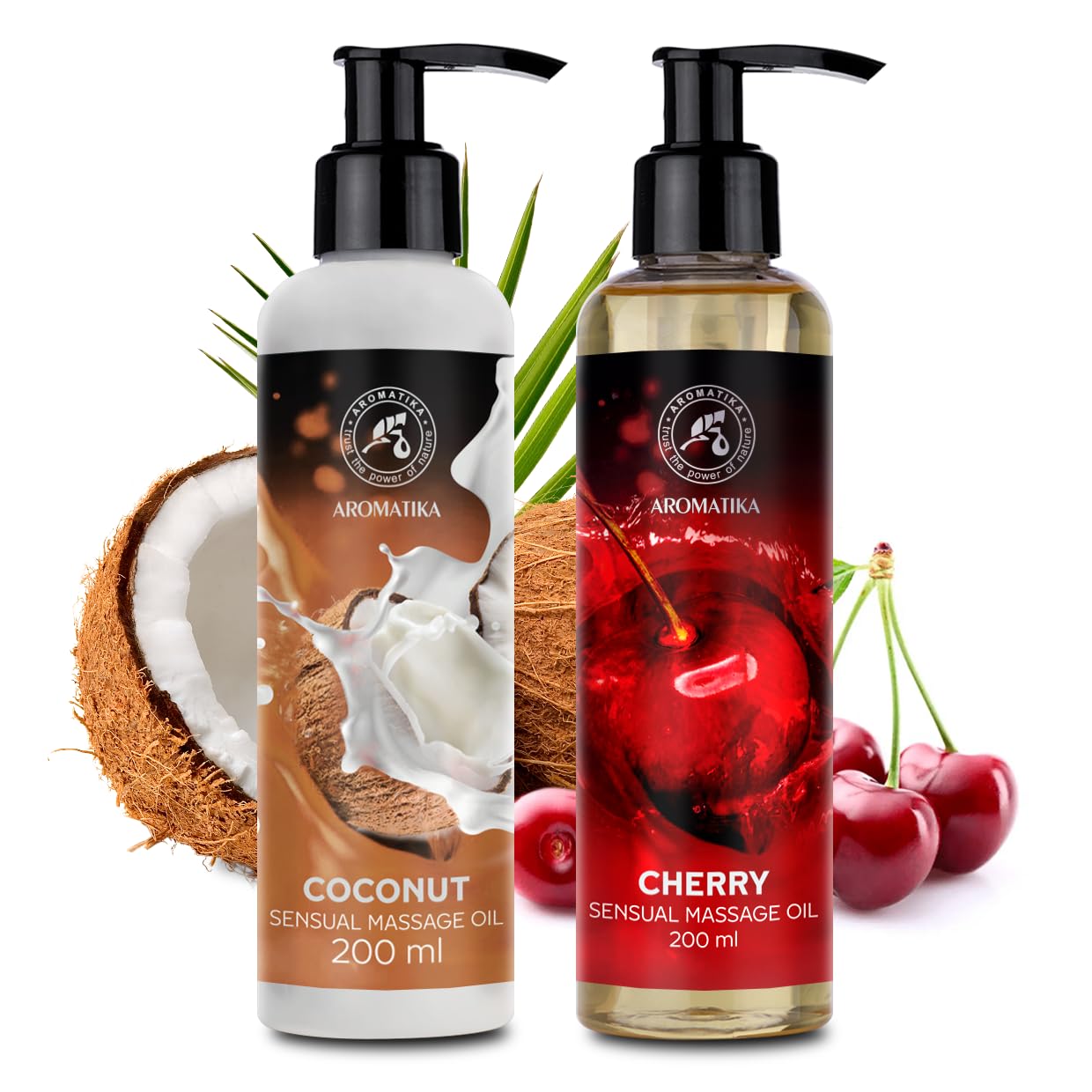 Huile de Massage Sensuelle Set Coco & Cerise 2x200ml - Comestible - Naturelle - Relaxante