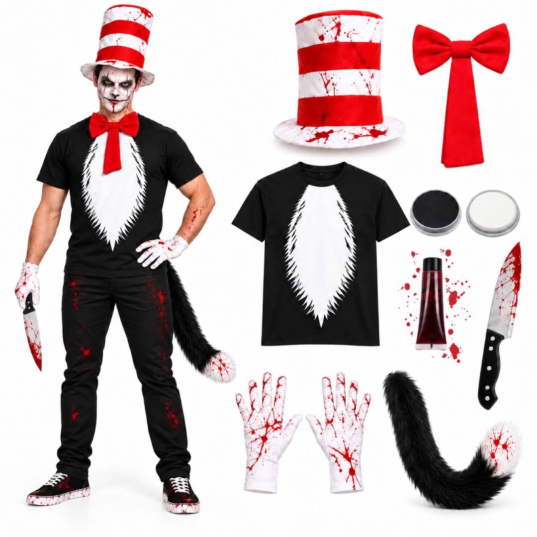 Adults Killer Cat Halloween Costume Belly T-Shirt & Accessories Small