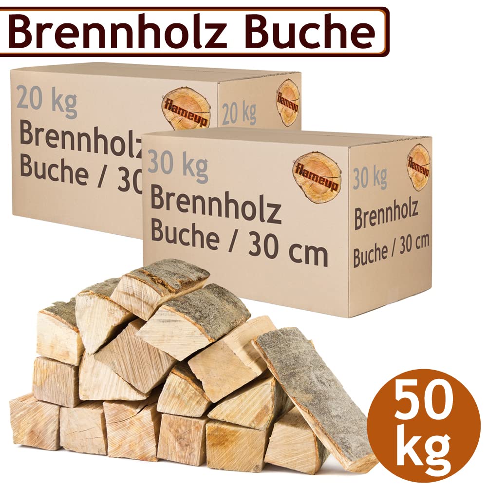 Leña Madera 50 kg para Estufa y Chimenea Brasero Parrilla Cesta de Fuego Troncos de Madera de Haya 30 cm Flameup