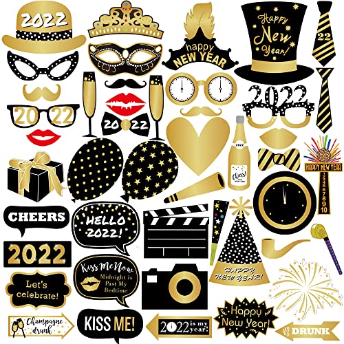 New Year Photo Booth Props 2022 â€“ Pack of 43 | New Year Photo Props for NYE Decorations 2022 | NYE Photo Booth Props 2022 for Happy New Year Decorations 2022 | New Years Eve Party Supplies 2022