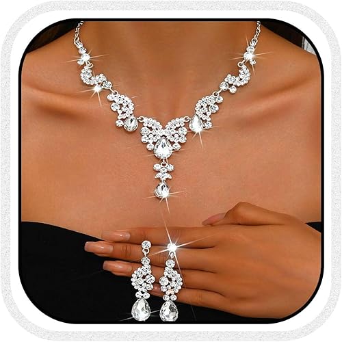 Unicra Juego de joyas de boda para novia, collar y aretes de cristal para novia, gargantilla de diamantes de imitación, joyería de disfraz para