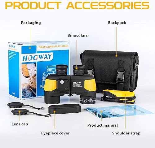 Miniatura 7 de Hooway Binoculares militares marinos impermeables a prueba de niebla de 7 x 50 pulgadas con telémetro interno y brújula para navegación, navegación,