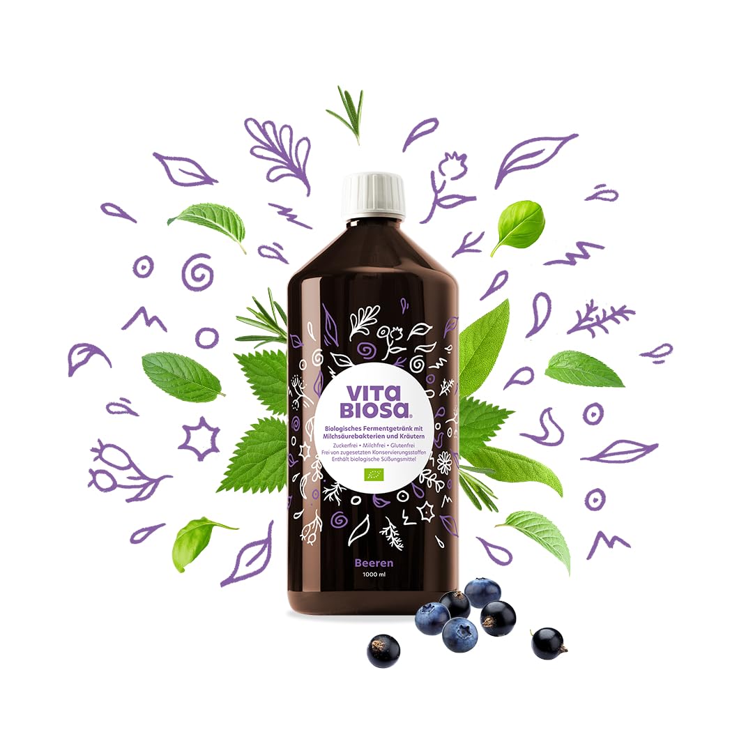 Vita Biosa Bayas 1 L en calidad orgánica, variante agridulce con concentrado de aronia, zumo de grosella y zumo de arándano, en la popular botella de 1000 ml