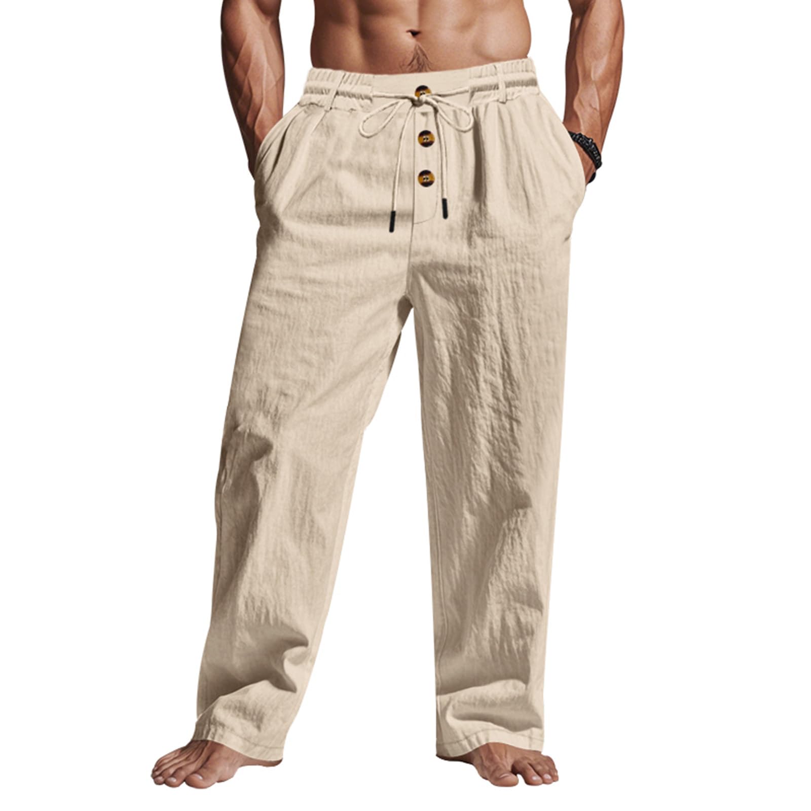Generisch Gerade Bein Sommerhose Herren Lang Leinen Baumwoll Mix Kordelzug mit Taschen Bequeme und atmungsaktive Freizeit Hose