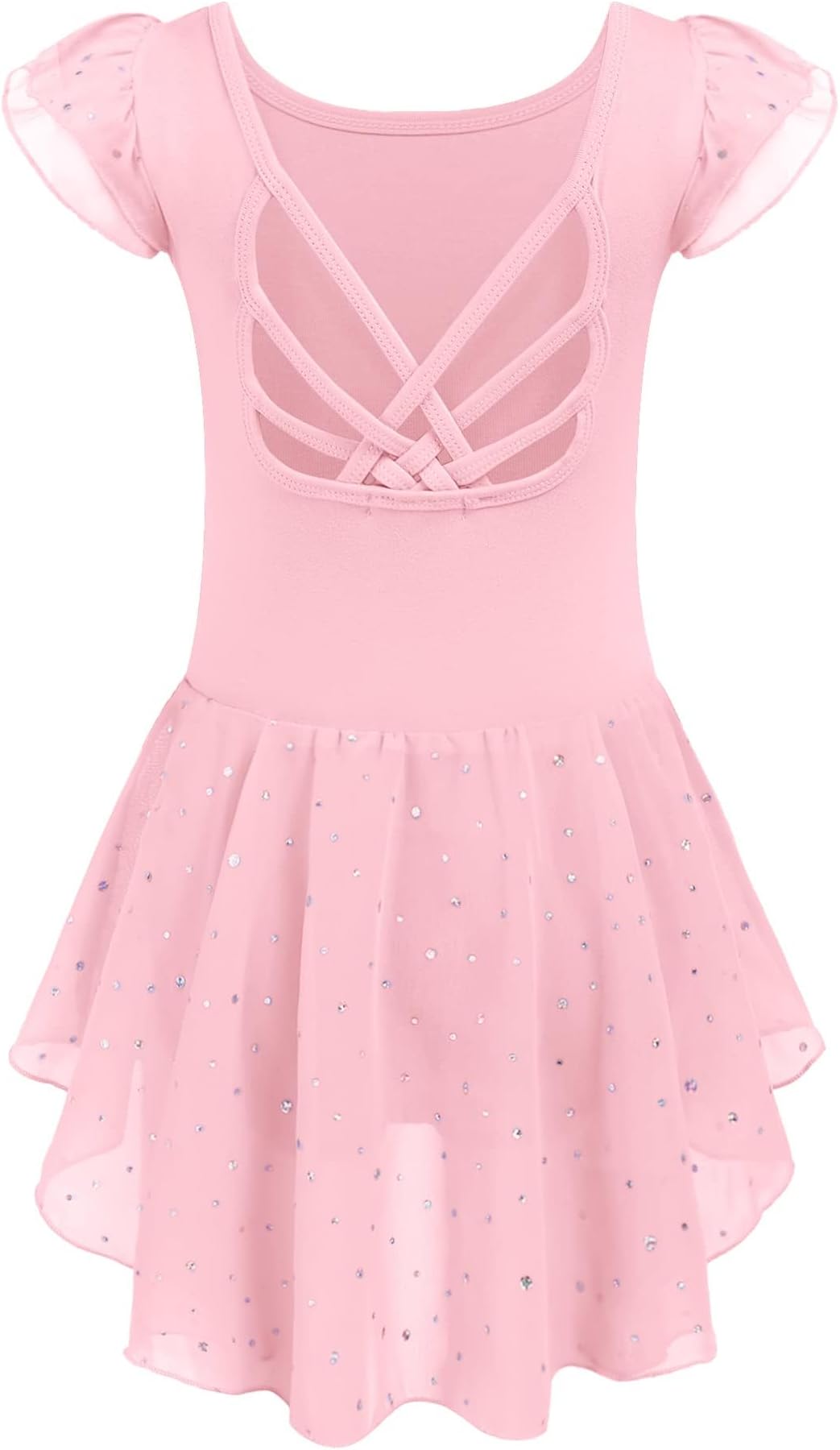 Girls Shiny Ruffle Sleeve Ballet Leotard with Skirt Criss-Cross Back Dance Dresses