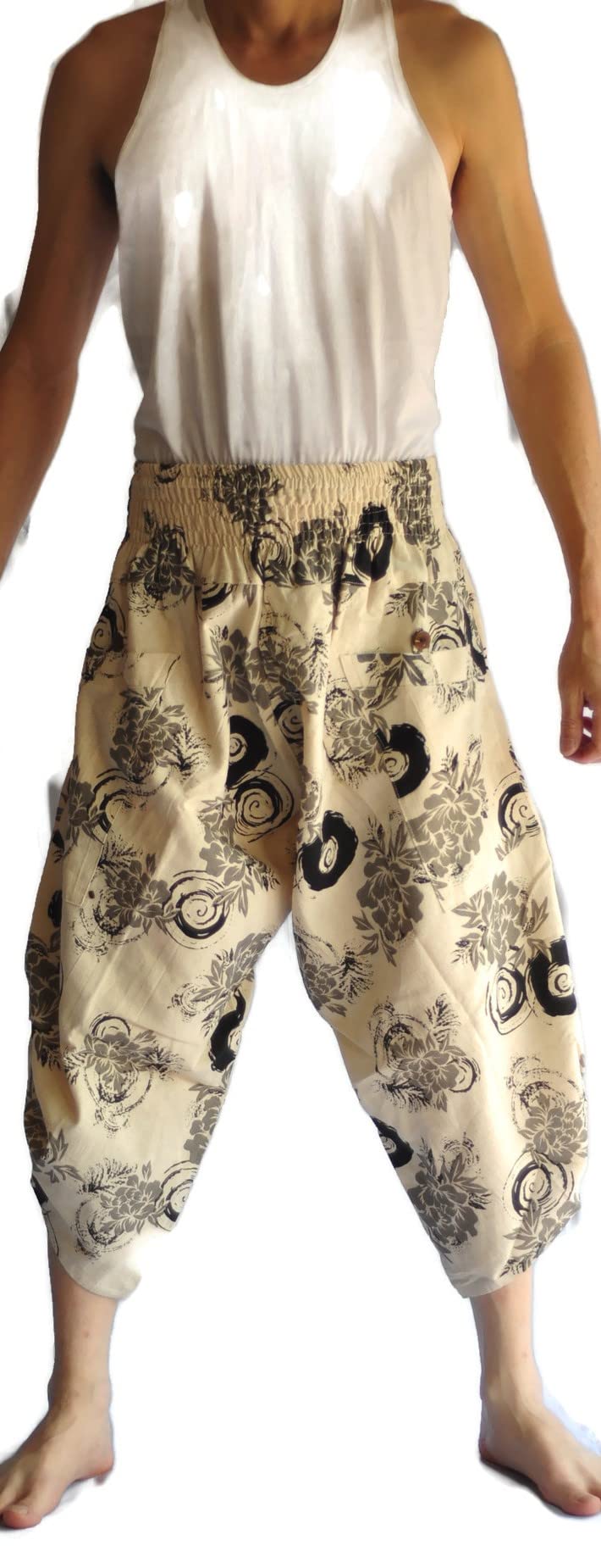 Mens Baggy Yoga Hippie Boho Aladdin Alibaba Harem Pants One Size Handmade Flower White Pants Rose Pr