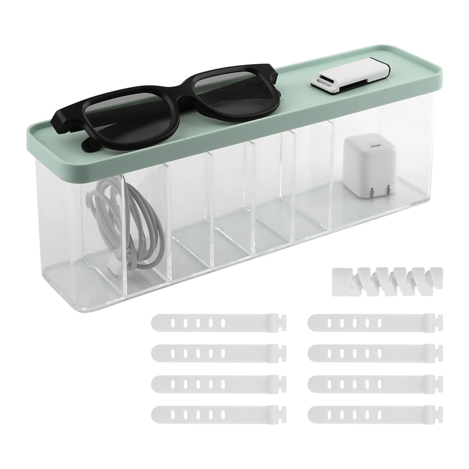 Cable Organizer Box,Cable Storage Boxes Organizers,7-Compartment Cord Storage with Lid and Cable Tie,Desk Drawer Accessories Organizers
