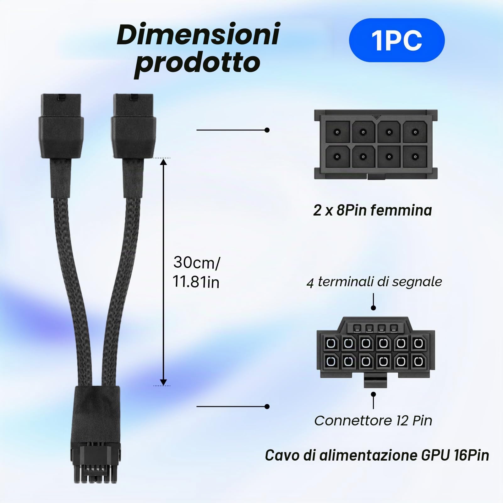 Cavo adattatore PCI-e 5.0 12VHPWR (12V-2x6) da 30 cm, cavo di prolunga GPU a 16 (12+4) pin, PCIe 5.0 da 2x8 pin femmina a 12VHPWR maschio, cavo GPU per GeForce RTX 3090ti/4070ti/4070/4080/4090/5070