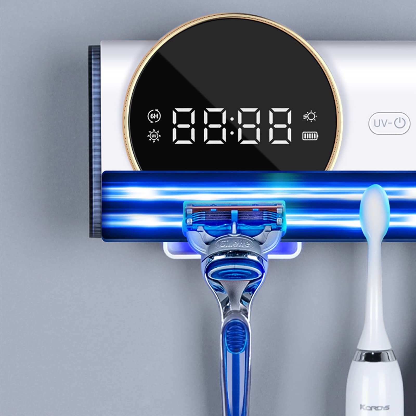 Porta Cepillo de Dientes, Soporte Cepillo de Dientes con Afeitadora Función Esterilizador y Secado, LED Dispensador Pasta Dientes, Organizador Baño USB Recargable, Blanco