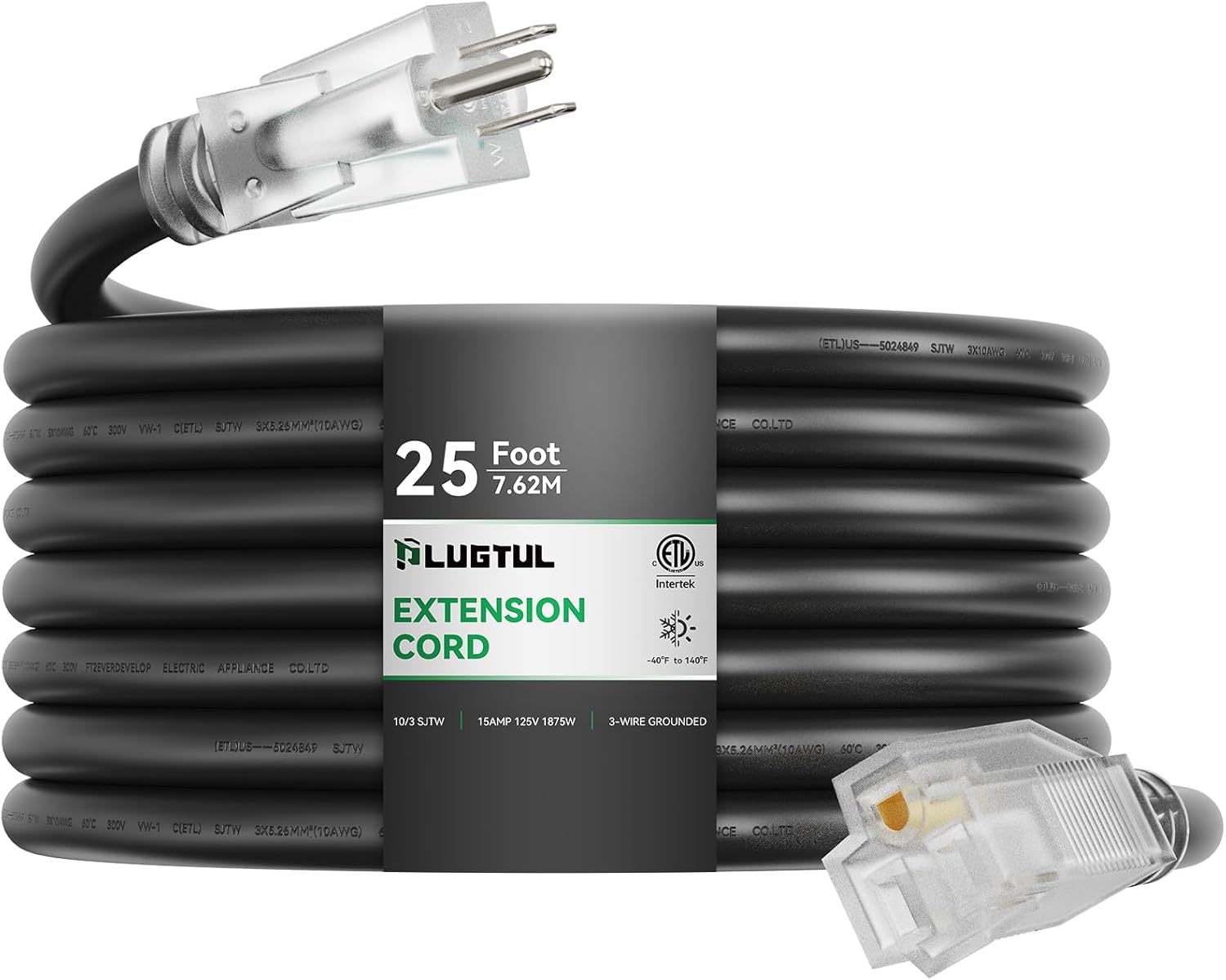 PLUGTUL 10 Gauge Extension Cord 25FT, Black Outdoor Extension Cord with Lighted End, Heavy Duty,15A 1875W SJTW, ETL Listed