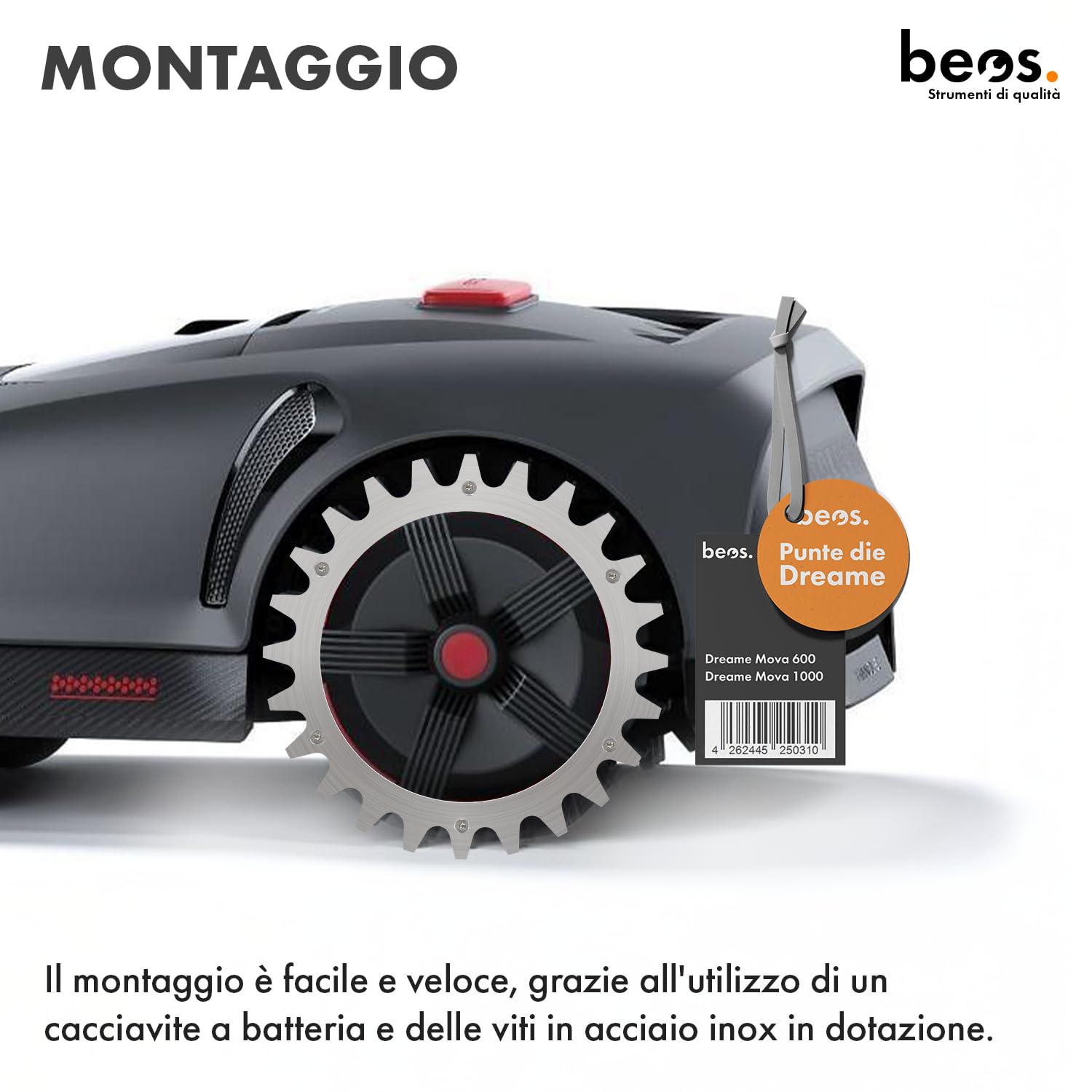 BEOS Spuntoni in Acciaio Inox Premium per Dreame - Fori per Viti Svasate - Sbavatura - per Dreame Mova 600 | Mova 1000 - Miglioramento della trazione per Tosaerba robotizzati