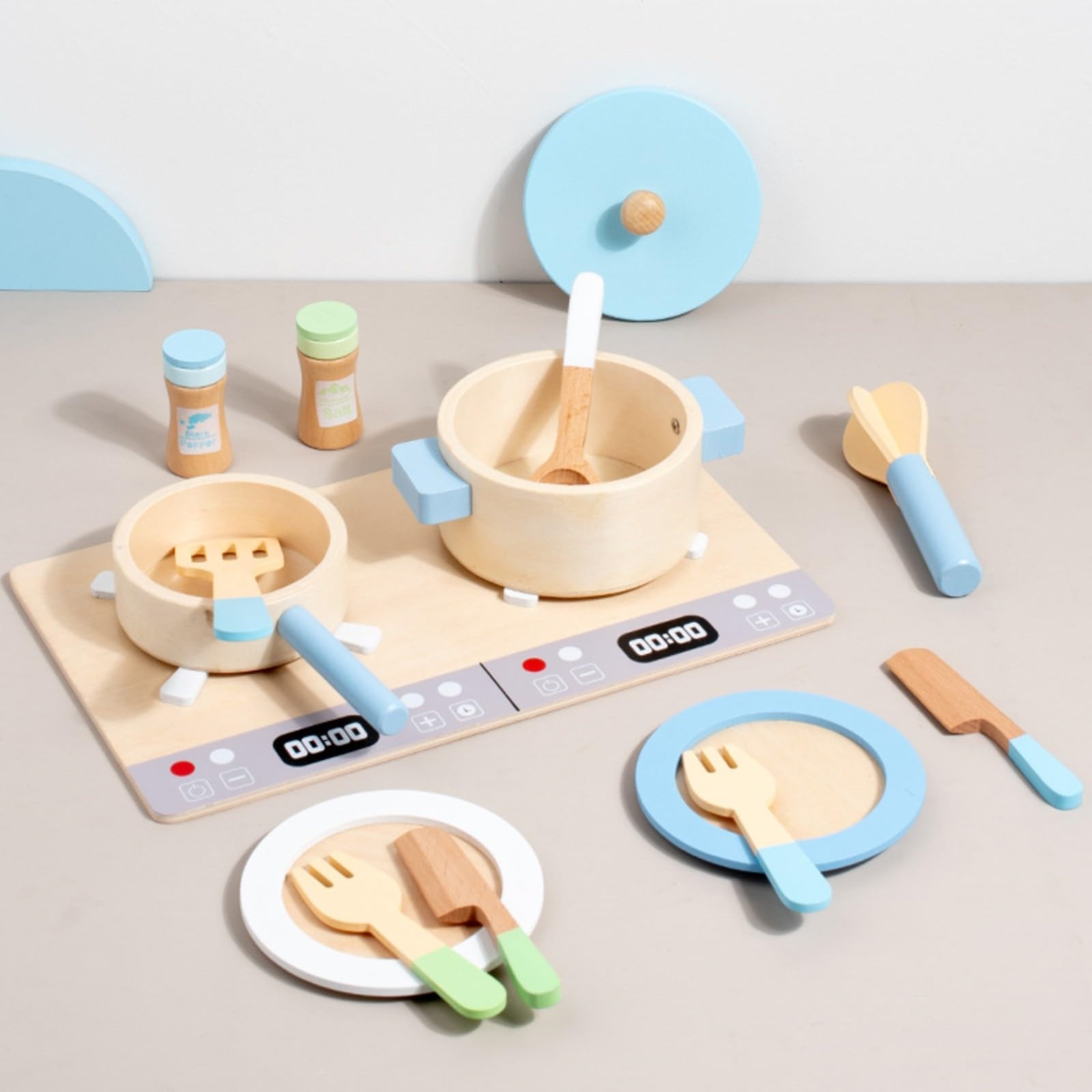 Almencla Accessori da per Bambini con Bordi Arrotondati Set di Stoviglie Giocattolo in Legno per Giochi di Famiglia Immaginativi