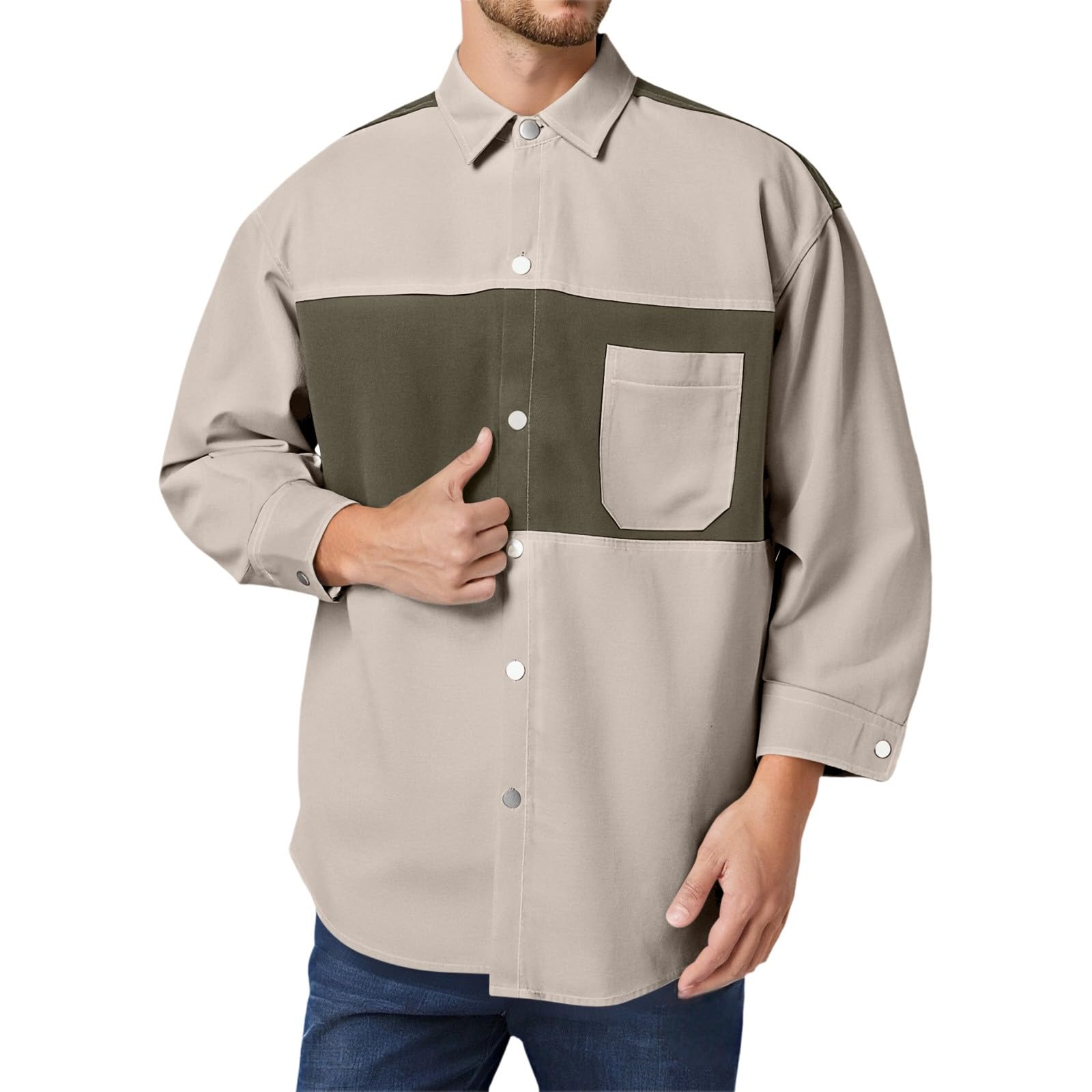 Generico Camicia Uomo Maniche Lunghe A Due tonalità, Taglio Ampio con Tasca Frontale Indumento Casual per L'Autunno