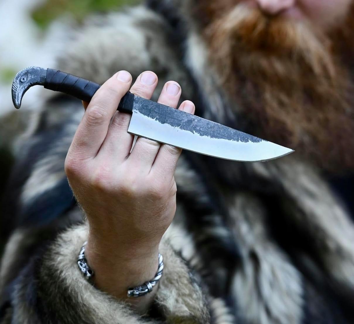 Poshland - Odin's Raven Norse Viking-styled Knife 10.3" - Hand Forged 6.5" Carbon Steel Blade, Raven's Head Hilt and Leather Sheath - Unique Medieval Seax Style - Norse Knife for Hunting & Camping