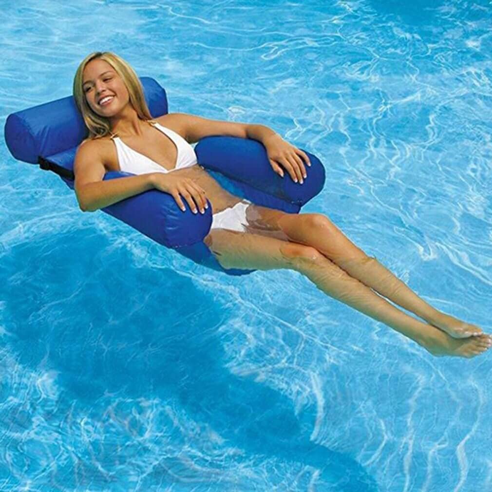 Hamaca Flotante Inflable Para Piscina – Sillón De Agua Con Respaldo – PVC Resistente Y Malla Nylon – Soporta 250 Libras – Ideal Para Verano, Playa Y Fiestas En La Piscina
