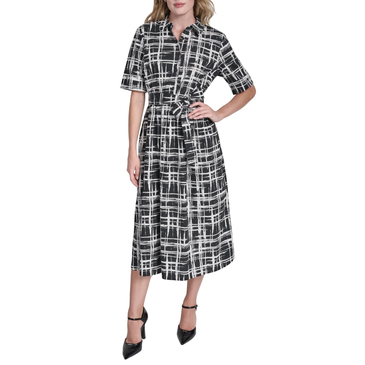 DKNY Women's Short Sleeve Cotton Poplin Collared Midi Shirtdress