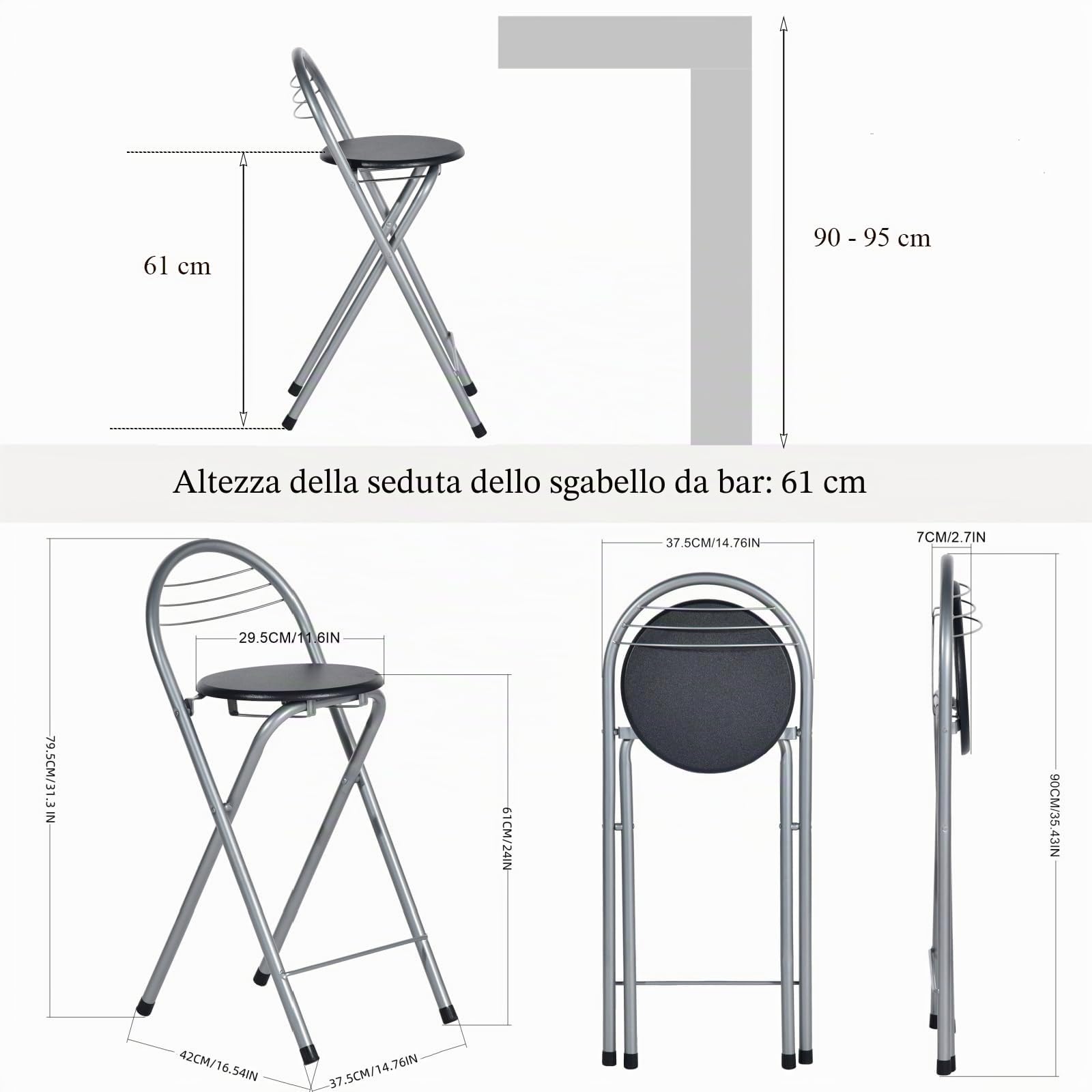 Sgabello da Bar Pieghevole Set di 2, Sgabello Pieghevole Portatile Sedia da Bar Pieghevole con Schienale per Bistro Cucina Terrazza Esterna, Altezza seduta 61 cm, Nero e Argento