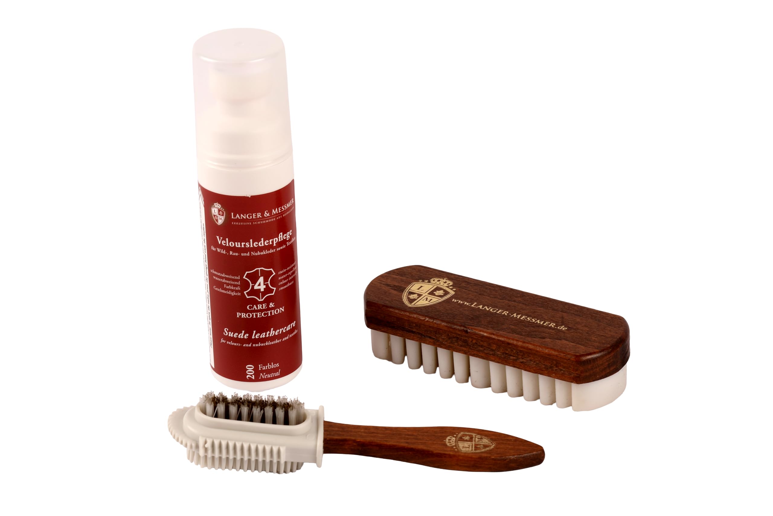 Langer & Messmer kit de cirage daim d'entretien de chaussures pour cuir suédé - Kit de cirage avec brosses à chaussures pour le cuir nubuck - Produit d'entretien pour rafraîchir les couleurs