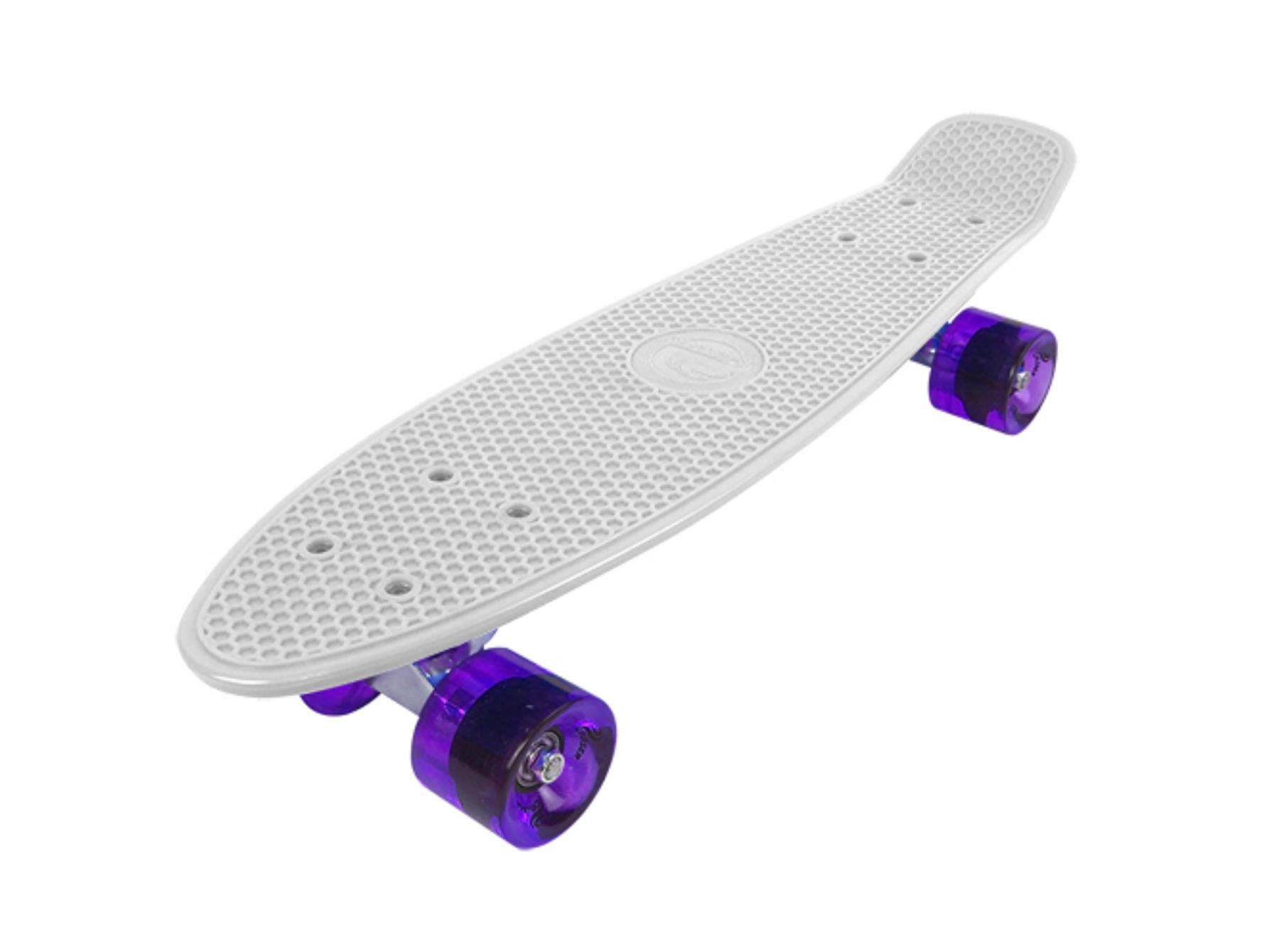 Vinsani Retro Cruiser Plastic Skateboard 22" X 6" White Deck with Purple Transparent Coloured Wheels