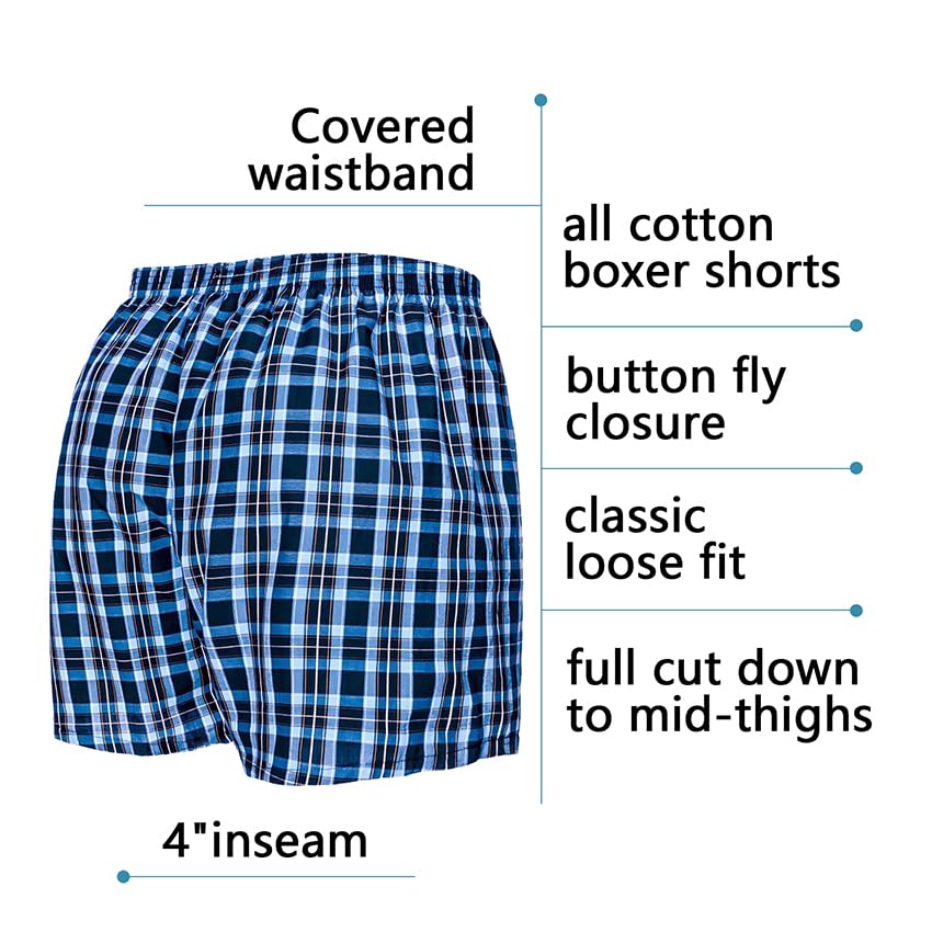 Mens Woven Boxer Shorts 100% Cotton with Covered Waistband Comfortable Loose Fit, Classic Full Cut Plaid Boxers Pack3