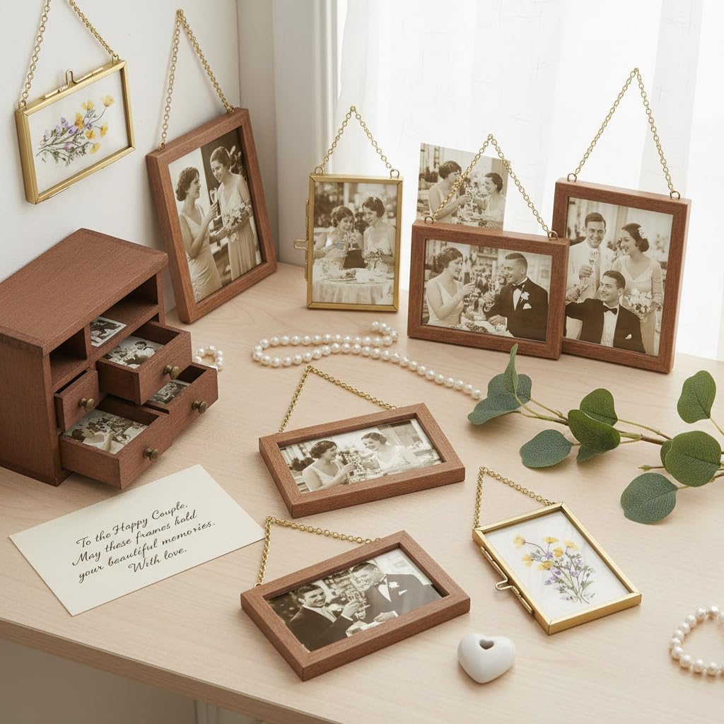 20 PCS Pressed Flower Frames with Tweezers,Wall Hanging Double Glass Frames 2.5x3.5 with Metal Chain for Dried Plants,Floating Photo Frame for Gallery Artwork, Horizontal Vertical,Gold