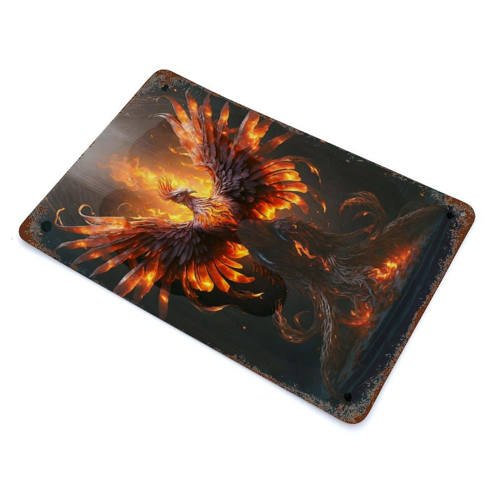 Fire Phoenix Aged Metal Wall Plaque 11.8"x7.9", Ideal for Garage, Bar And Workshop Decor