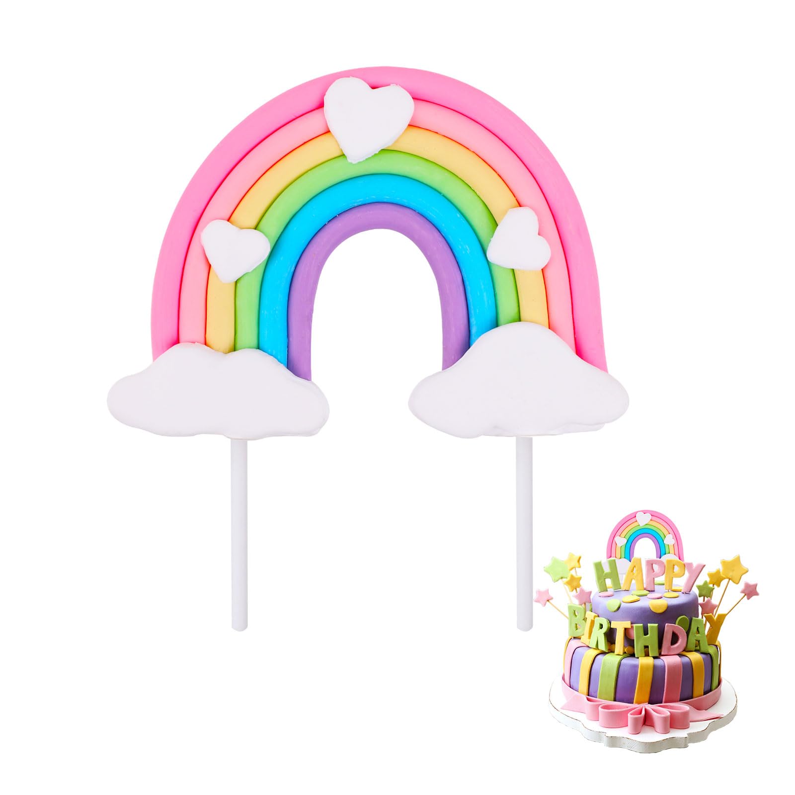 Rainbow Cake Topper, Cute Colorful Cloud and Heart Rainbow Cake Decoration Natural Sky Theme Party Decorations Soft Pottery Cake Decoration Supplies