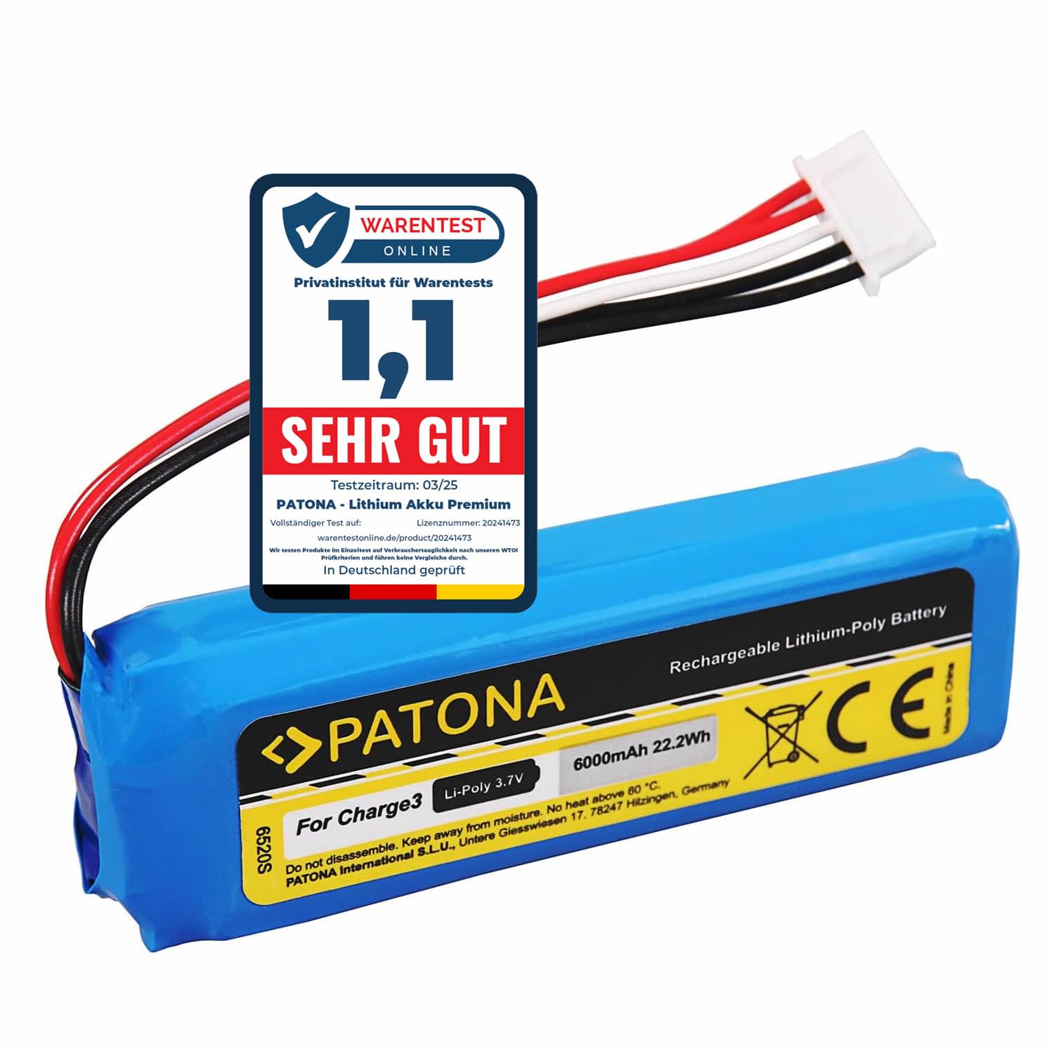 PATONA Zamiennik baterii JBL GSP1029102A (6000mAh) - kompatybilny z JBL Charge 3 (2016)
