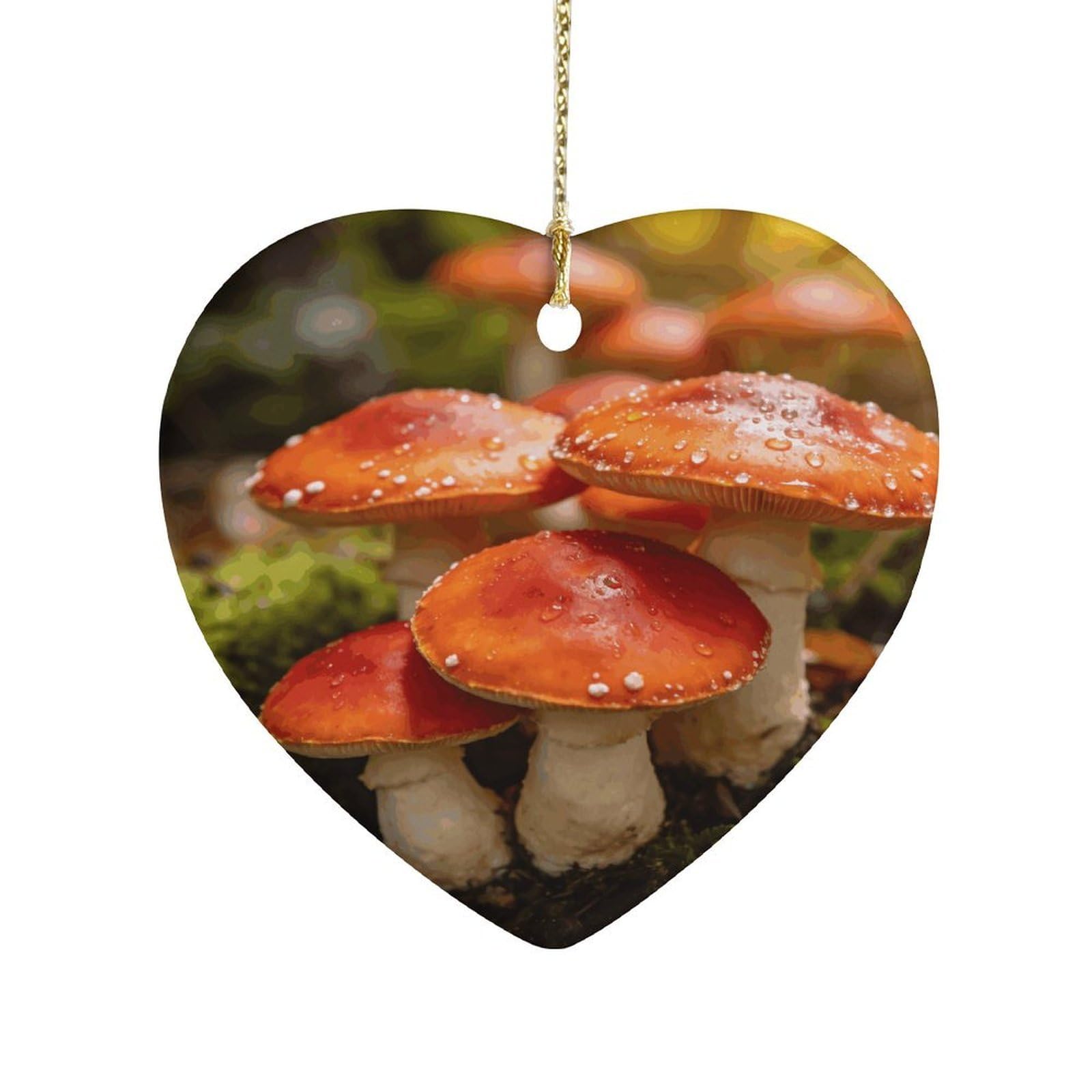 Khauerbc Style Happy Mushroomheart Shaped Ceramic Ornament With String,Ceramic Ornament,Two-Sided Printed For Christmas Tree And Holiday Decoration