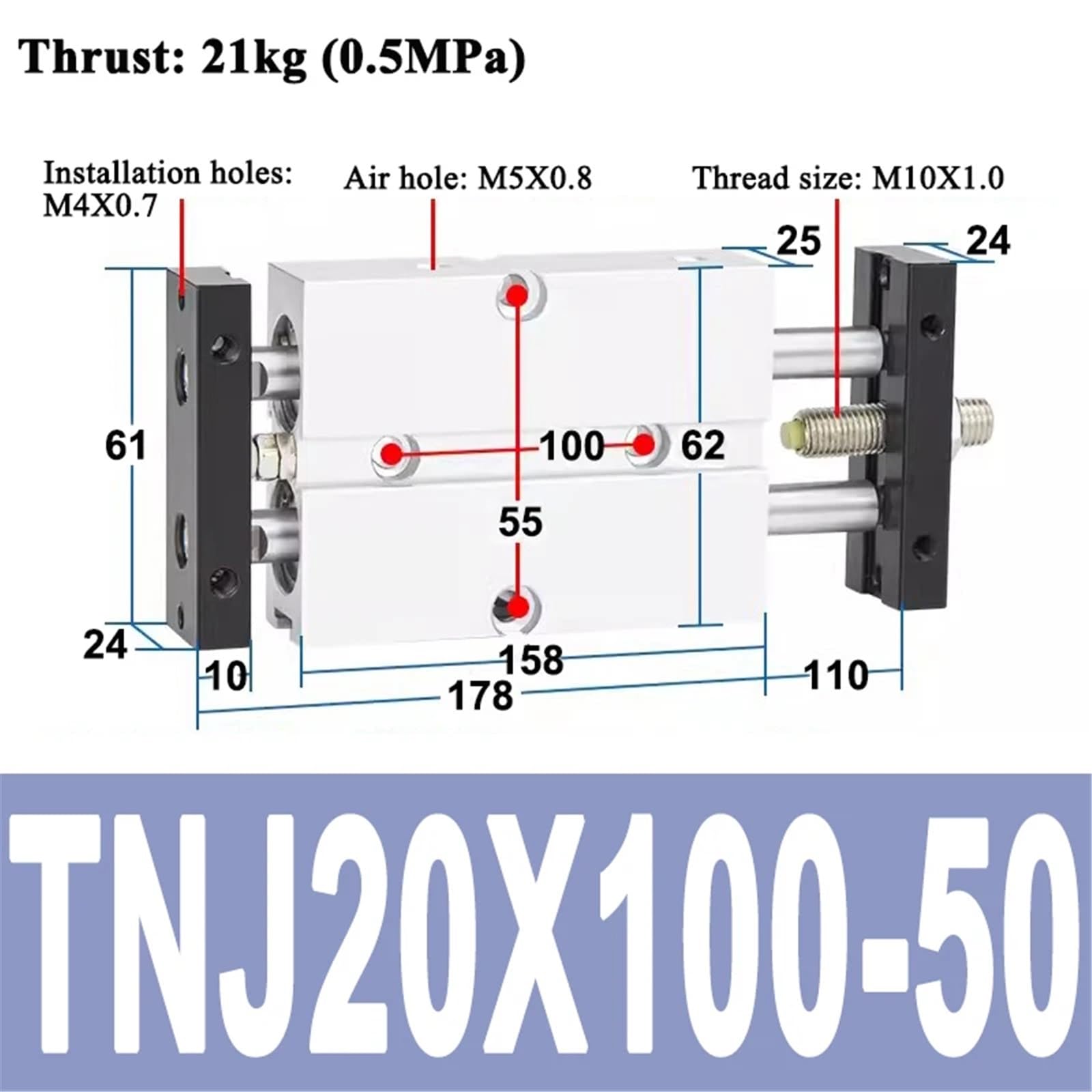 1 szt. podwójny pręt TNJ typ pneumatyczny cylinder otwór 10 16 20 mm skok ze stopu aluminium 10 ~ 200 mm cylinder pneumatyczny regulowany skok (TNJ20x100-50)