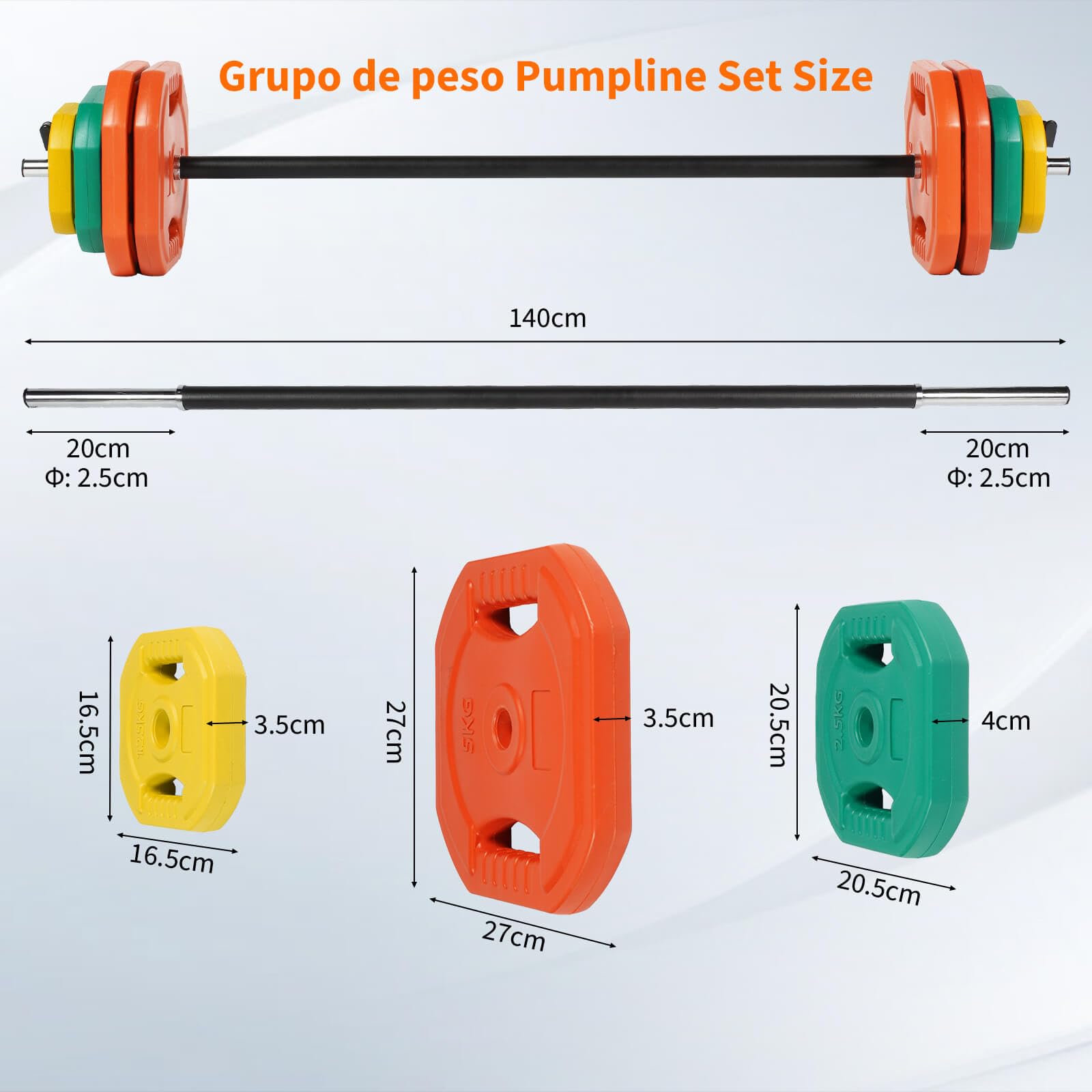 Plástico Set de Pesas con Barra, Discos de Colores de 7.5kg, 5kg, 2.5 kg y 1.25 kg,Juego de Mancuernas de 20/30/40/50kg