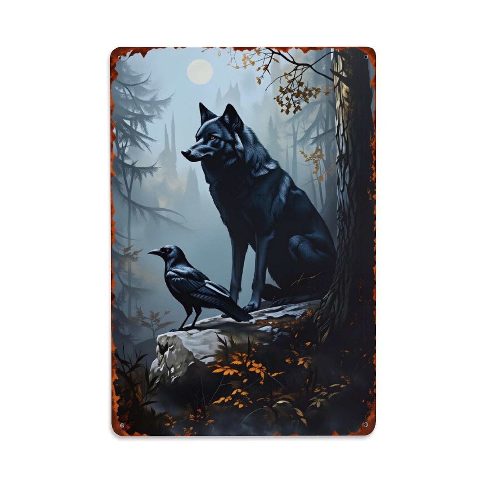Lzwbntey Vintage Wolf And Raven Forest Moonlight Scene Metal Tin Sign Retro Wall Decor For Home Bar Garage Cafe, Indoor & Outdoor Decorative Metal Poster, 8X12 Inch