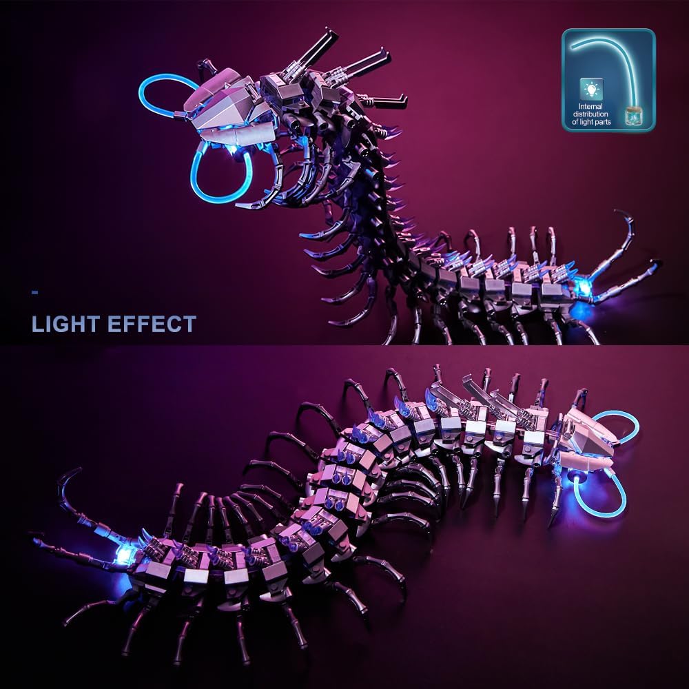 Glowing Centipede Building Set, Articulated Model with Rotating Light-Up Head & Tail, Multi-Joint Poseable Figure, STEM Construction Toy for Kids & Adults 698-Piece