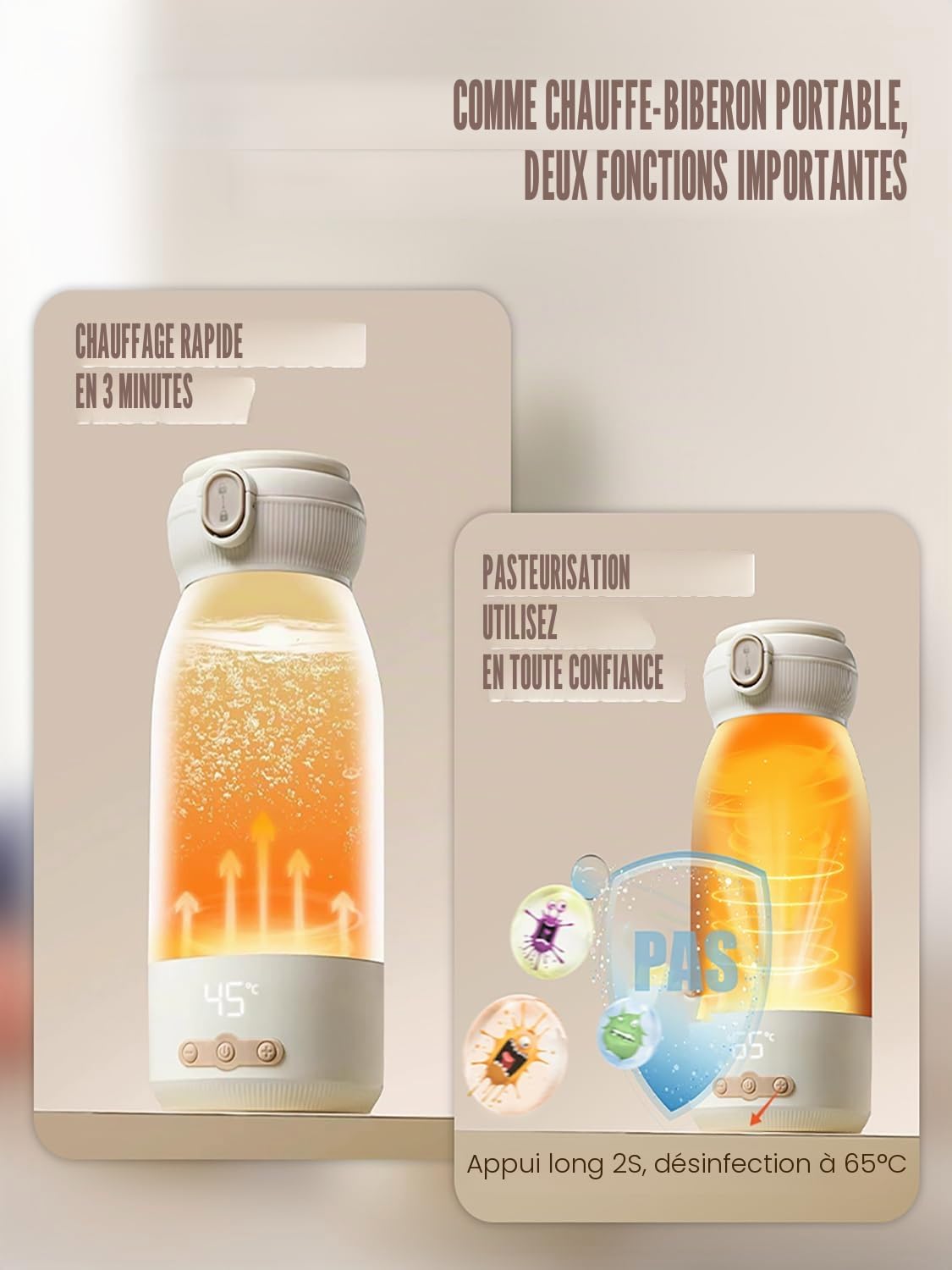 Chauffe biberon nomade, Peut être chauffé, Chauffage rapide en 3 minutes, maintenu au chaud et stérilisé,Grande Capacité de 500ml,Grande batterie de 10400 mAh, Brosse de nettoyage gratuite