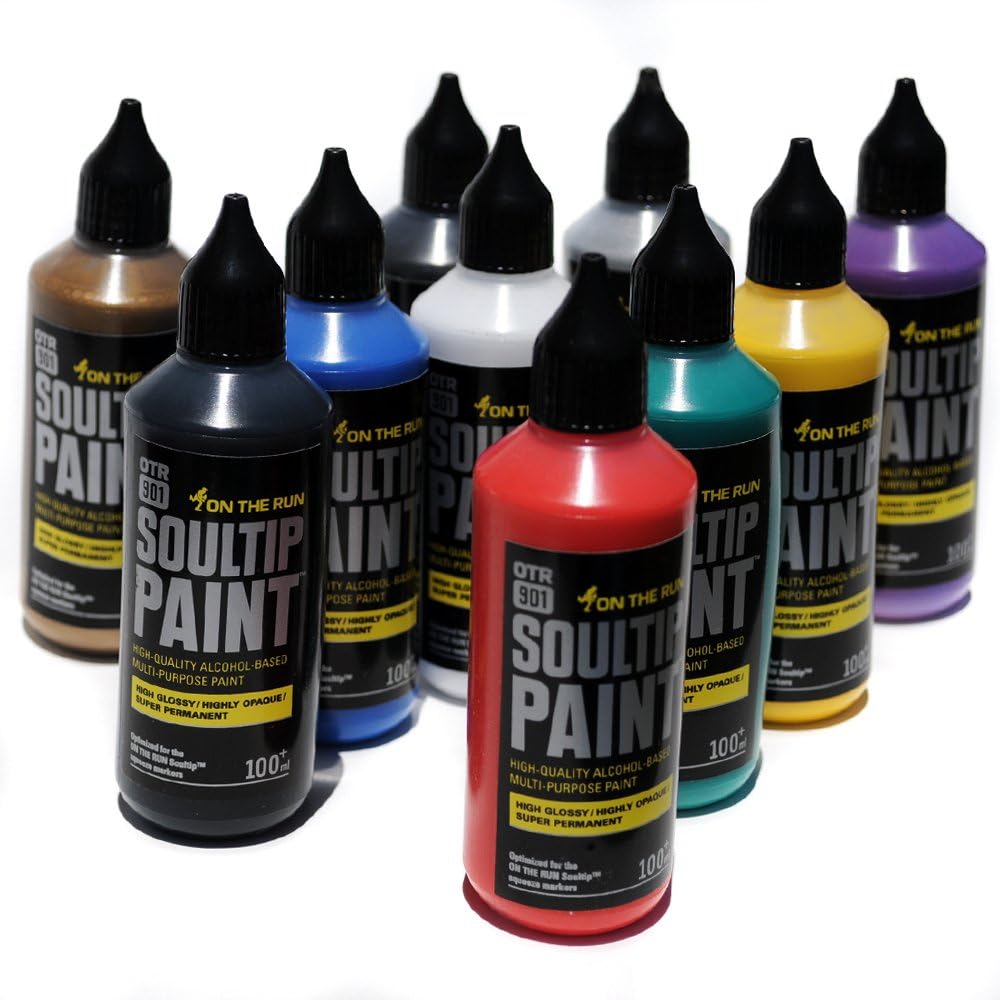 OTR Soultip Alcohol Based Paint Marker Refill 100ml Professional Starter Kit 10 Permanent Opaque Colors Including Metallic Silver and Gold