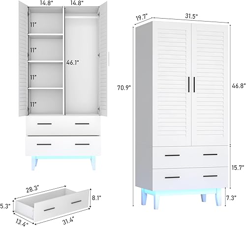 Miniatura 2 de Hlivelood Armario de 2 puertas con cajones y luces LED, estantes de varios niveles, barra colgante y 2 puertas de rejilla, armario de almacenamiento