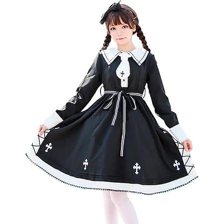 Amazon コスプレ ワンピース ゴスロリ ロリータ 膝丈 レディース 長袖 白 黒 十字架 M ゴシック リボンカチューシャ付き セット M コスプレ 仮装 通販
