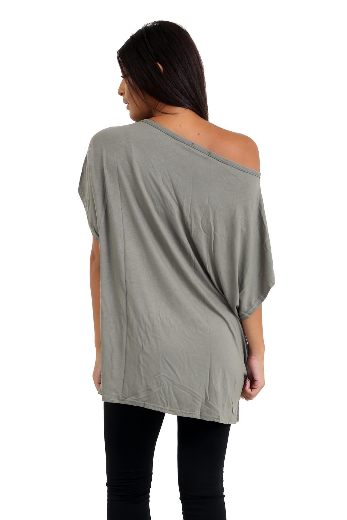 janisramone® Lot de 2 hauts à épaules dénudées pour femme, t-shirts surdimensionnés à manches courtes chauve-souris pour femme, haut uni à épaules dénudées, t-shirts amples décontractés, vêtements de