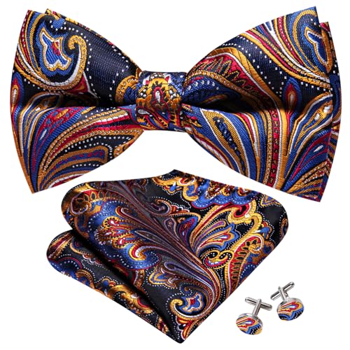 Image of YOHOWA Paisley Striped Men Bow Tie Pre-Tied Formal Adjustable Colorful Bowties Handkerchief Cufflinks Set Wedding Party
