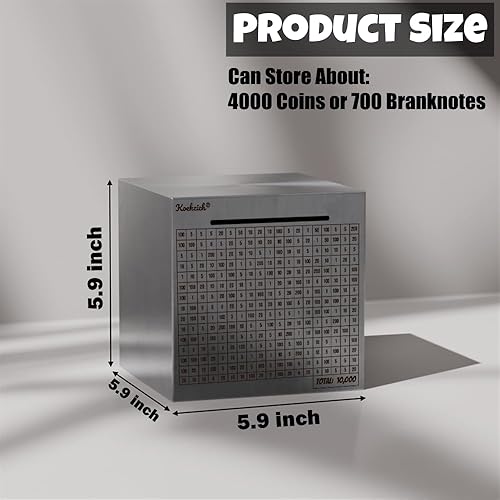 Miniatura 4 de Caja de ahorro de dinero en efectivo de acero inoxidable para adultos con conteo de 10000 dólares, objetivo para niños, caja fuerte de metal grande