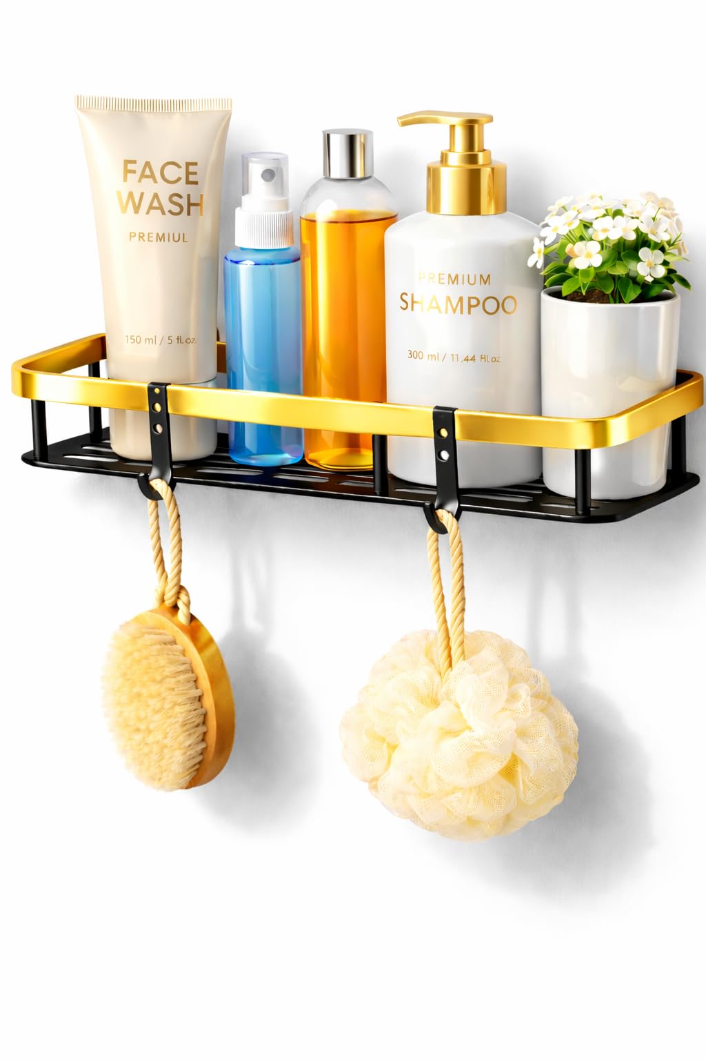 Aluminium Bathroom Shelf with Hooks (Pack of 1) Self Adhesive, Wall Mounted, No Drill, Rustproof, Waterproof Storage Rack for Bathroom and Kitchen, Gold-image-40